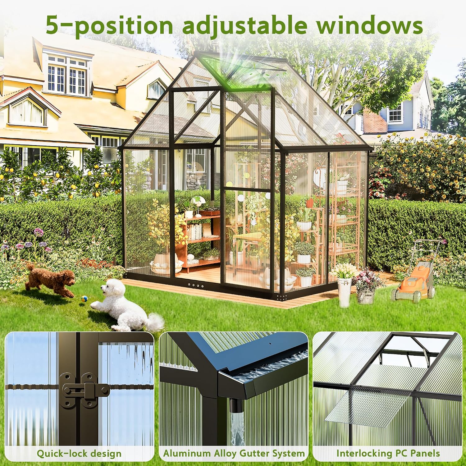 Wanan 6x4FT Greenhouses for Outdoors, Quick Assembly Polycarbonate Green House with UV Protection, Heavy Duty Windproof Aluminum Frame, Adjustable Roof Vent for Backyard or Outdoor Garden Use