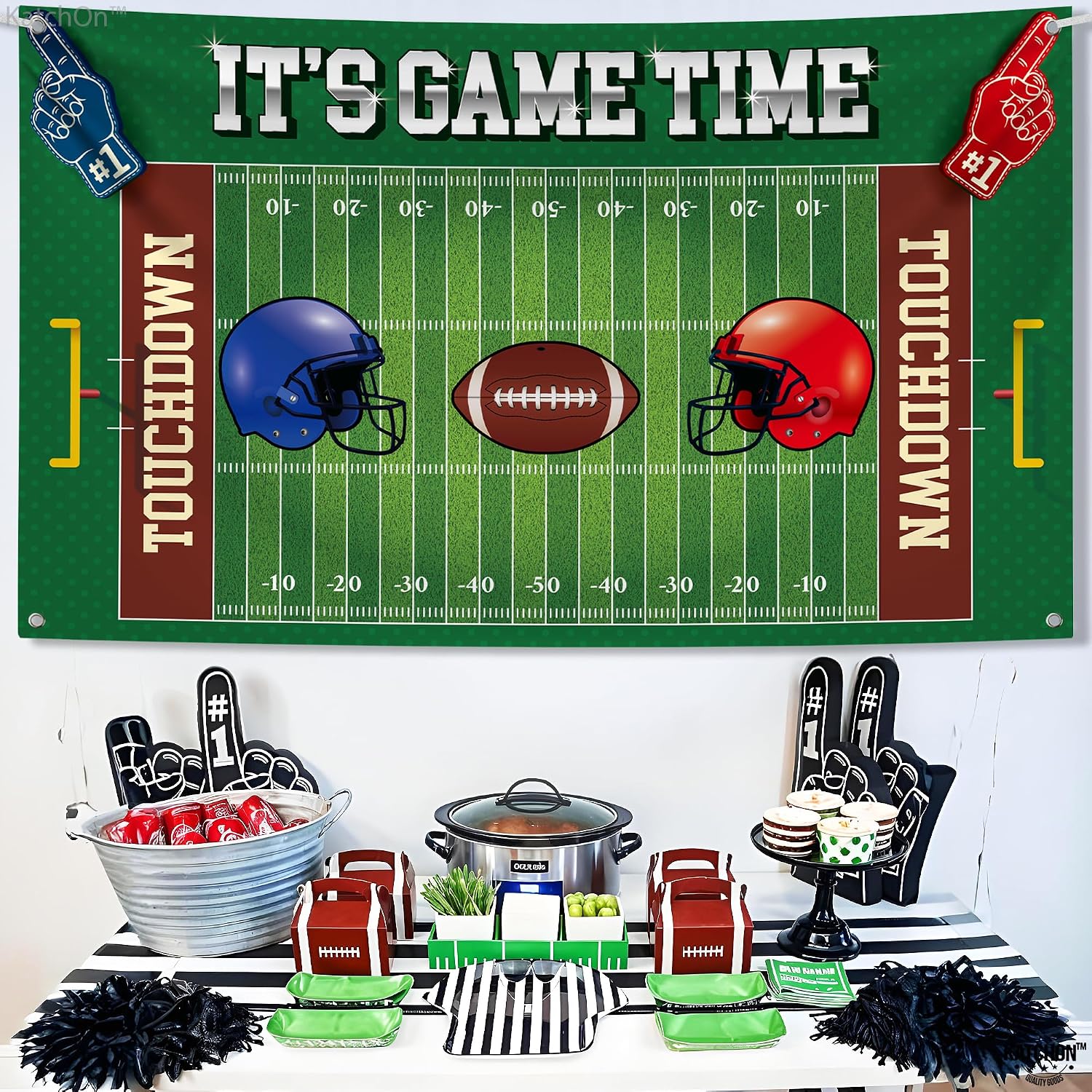 KatchOn, Football Field Backdrop Banner – Large 72x44 Inch | Football Birthday Backdrop | Rugby Ball Sports Party Background | Touchdown Sport Party Decorations | Sport Themed Birthday Party Decor