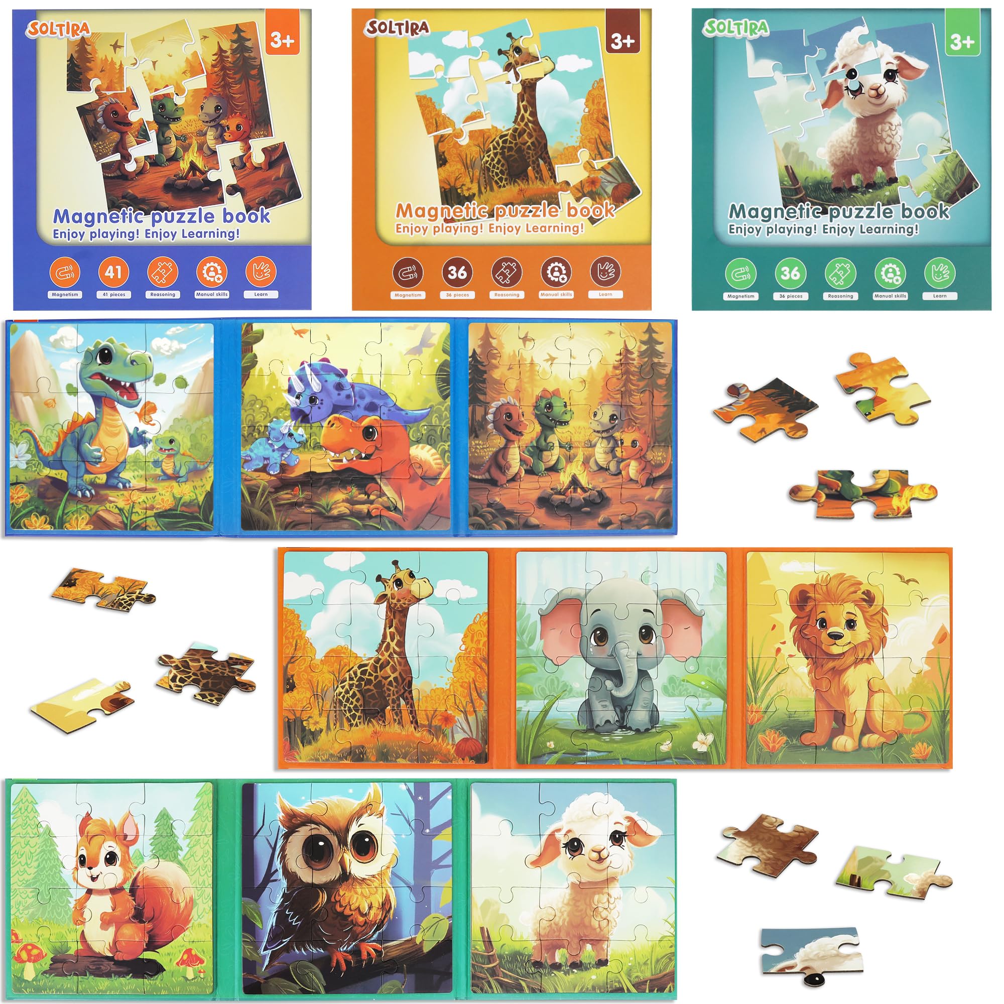 Toddler Puzzles Ages 3-5 -3PK Magnetic Puzzle Book with Animals - Airplane Activities for Toddlers 3-5 - Educational Magnetic Puzzles for Kids Ages 4-6 - Great Gift Idea for Kids!(3PK Animals)