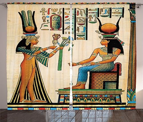 Ambesonne Cortinas con estampado egipcio, papiro antiguo que representa el arte del imperio histórico de la reina Nefertari, sala de estar,