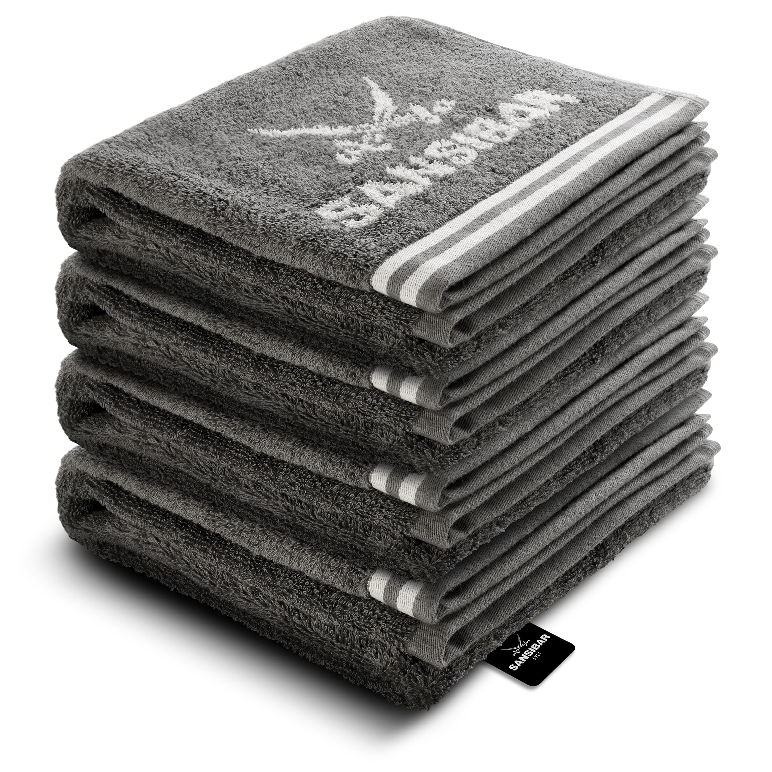 Sansibar Handtuch 4er Set 50x100 cm 100% Baumwolle Doubleface Frottiertuch gestreifte Borde Zweifarbig Anthrazit/Silber