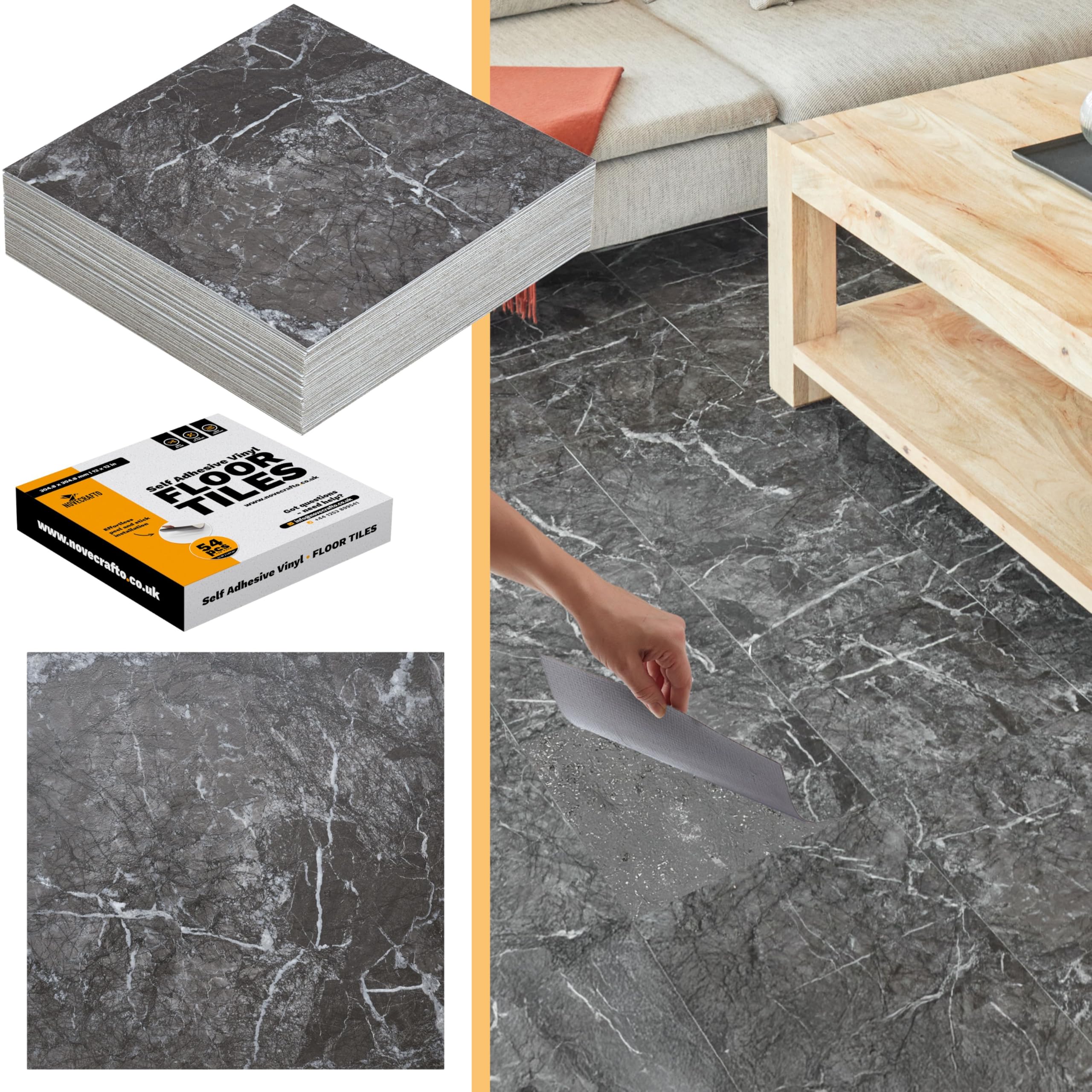 Self Adhesive Vinyl Floor Tiles Pack of 10 Pieces Covers 10 ft² (0.9m²) Peel and Stick Floor Tiles size 12x12 In (30.5x30.5cm) 1.5mm thick Waterproof Kitchen Luxe Marble Effect Vinyl Flooring