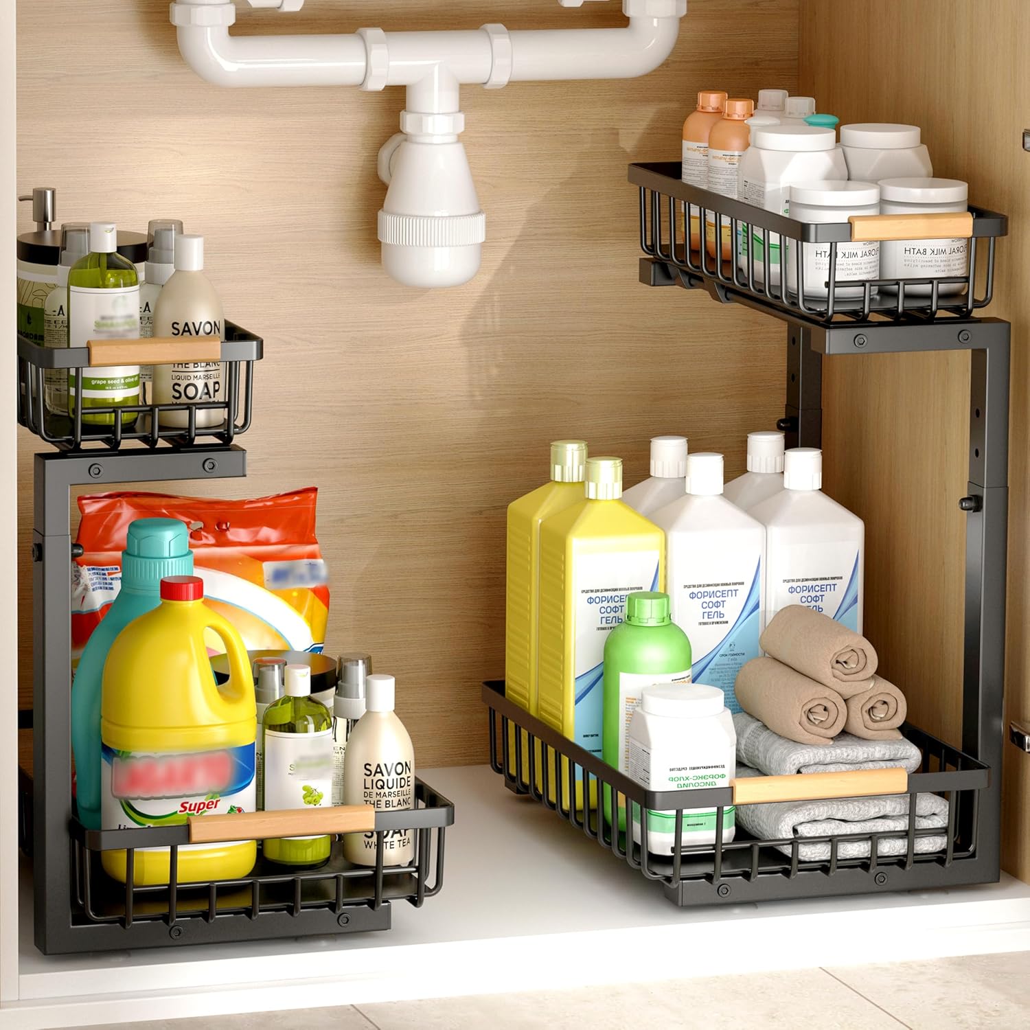 Under Sink Organizer, 2 Pack Under Sink Organizers and Storage, 2-Tier Pull Out Under Cabinet Organizer Storage Shelf, Metal Frame, Height Adjustable Rack for Bathroom Kitchen Pantry Black, 2-Pack