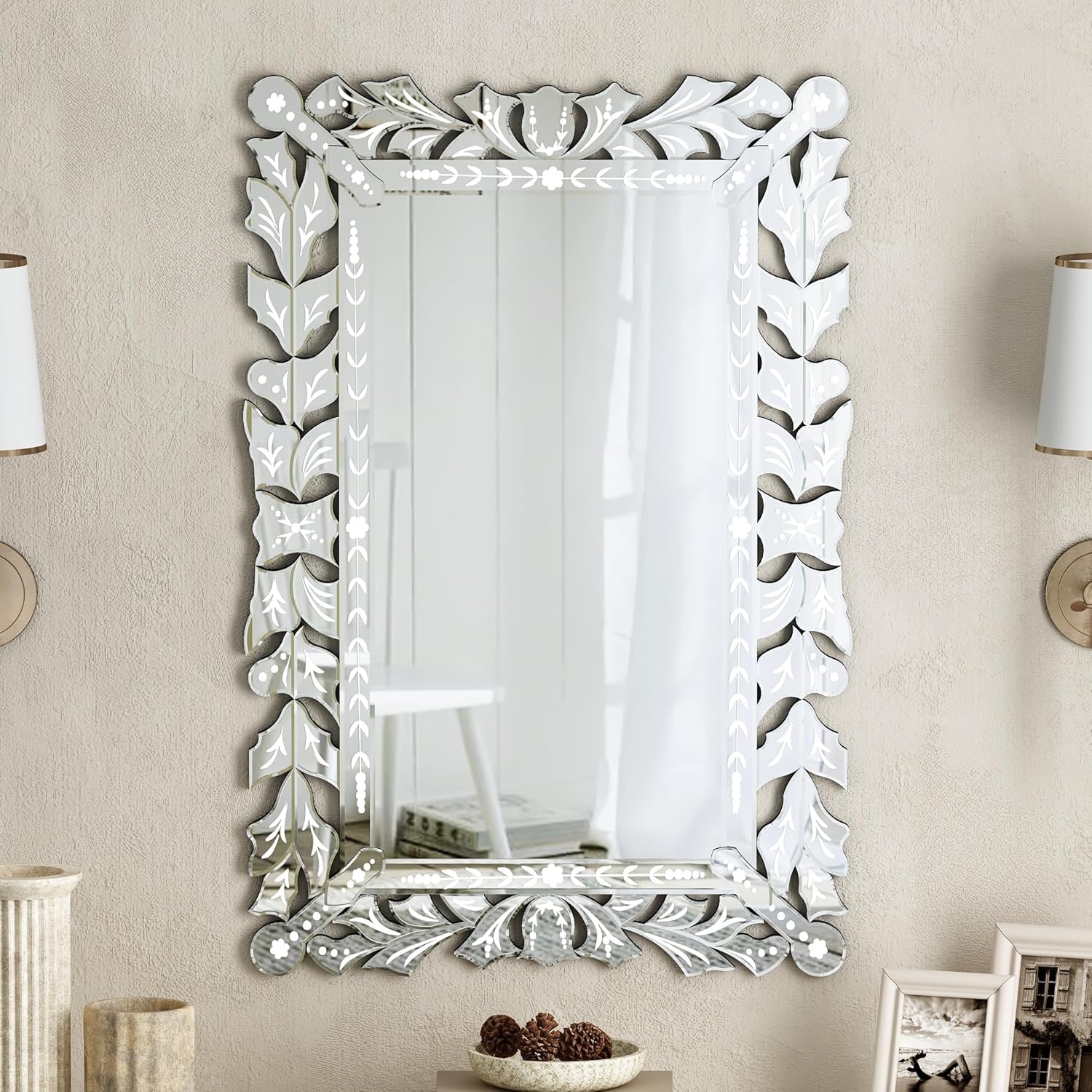 SHYFOY Venetian Mirrors for Wall, 24" x 35" Vintage Wall Mounted Mirrors Rectangular Decorative Mirror Frameless Hainging Mirror Silver for Living Room Hallway Bedroom Entryway