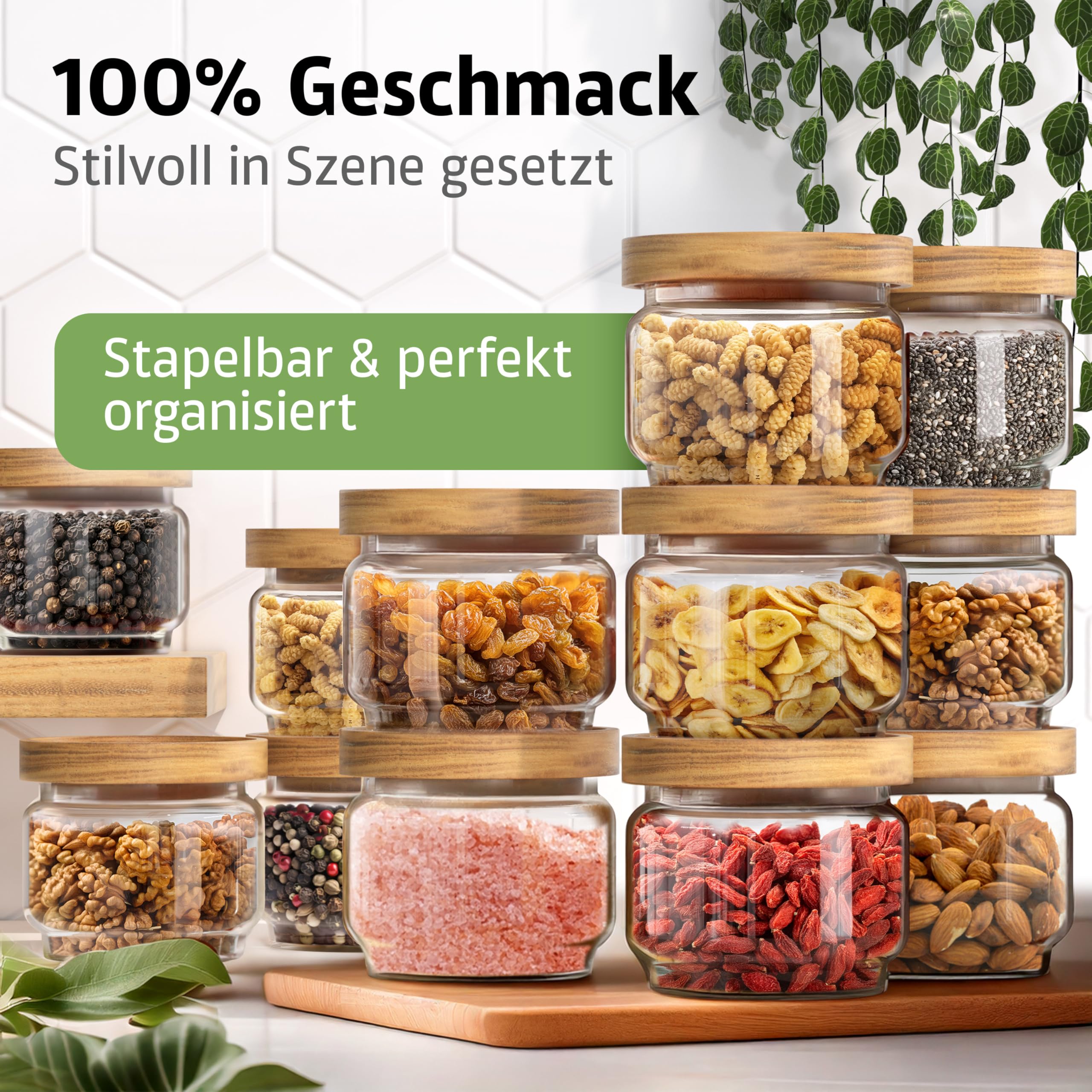 ElbFuchs® Vorratsgläser ECO Kombi-Set M 14-teilig [BPA-FREI & MOTTENSICHER] Vorratsdosen luftdicht mit Holzdeckel | Aufbewahrungsgläser für Kaffee, Zucker, Salz, Mehl, Tee & Müsli