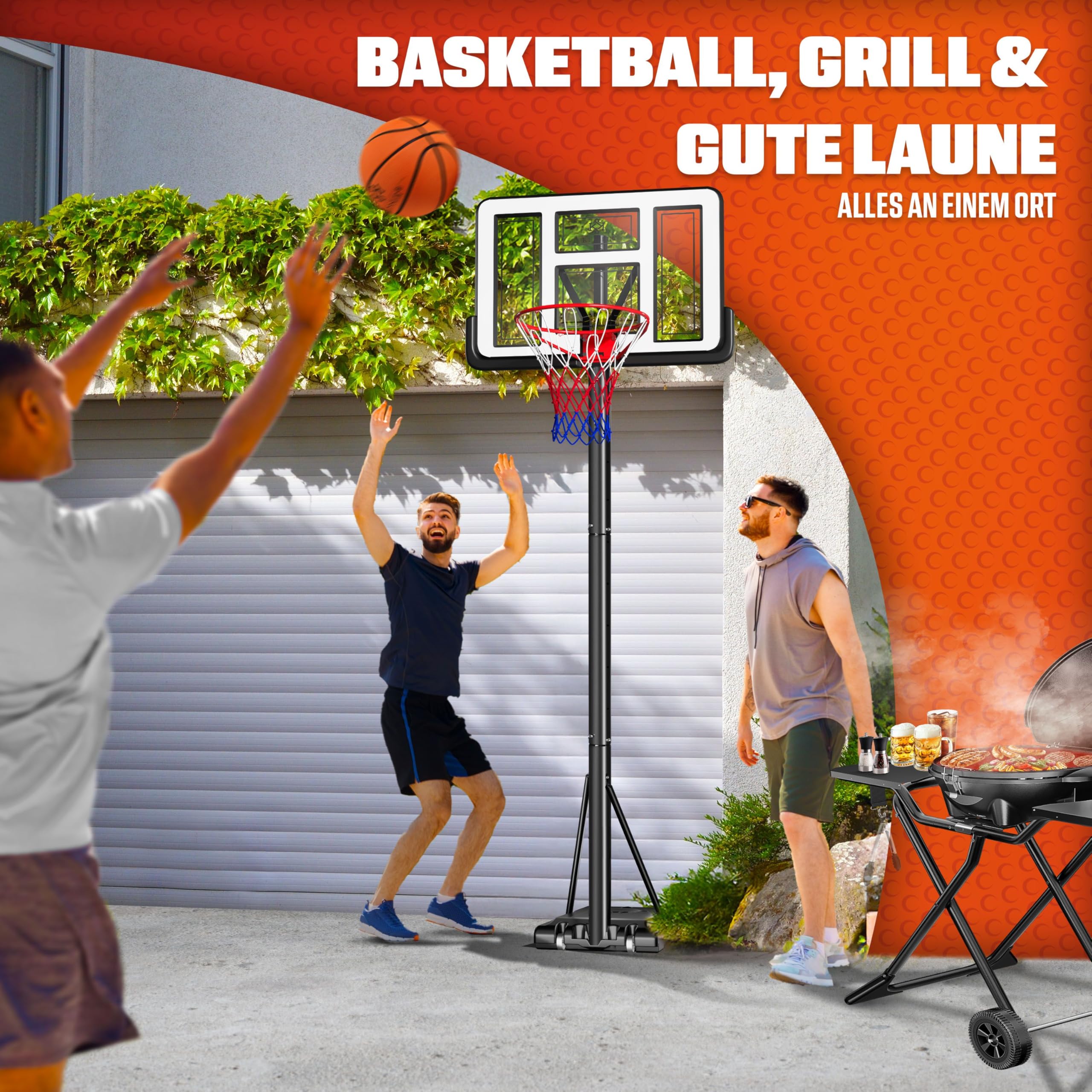 KESSER® Canestro di basket Premium con supporto e rotelle incl. pallone da basket + pompa; altezza canestro regolabile da 230 a 305 cm; impianto basket da esterno completo