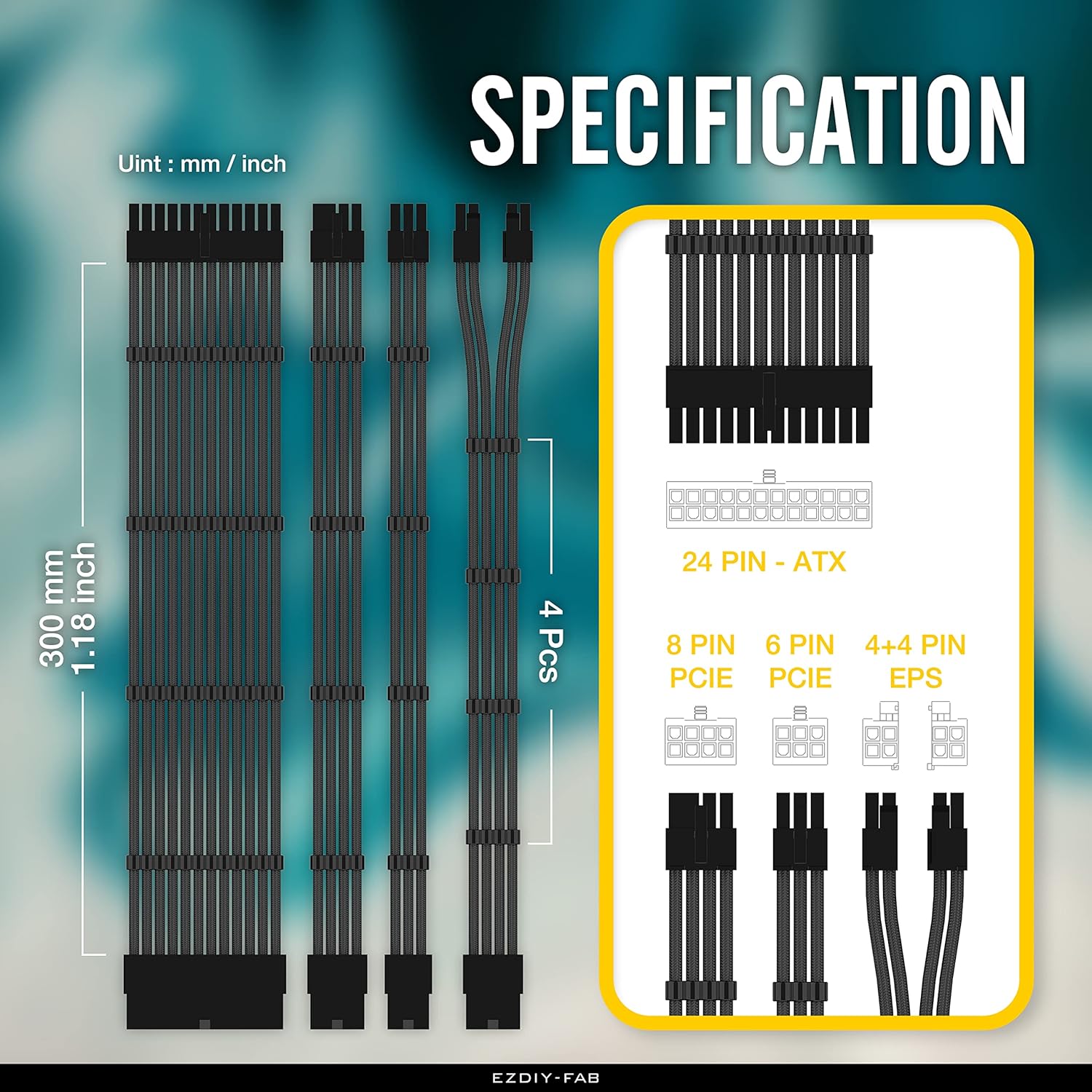EZDIY-FAB PSU Cable Extension kit Sleeved Cable Custom Power Supply Sleeved Extension 16 AWG 24-PIN 8-PIN 6-PIN 4+4-PIN with Combs- Black