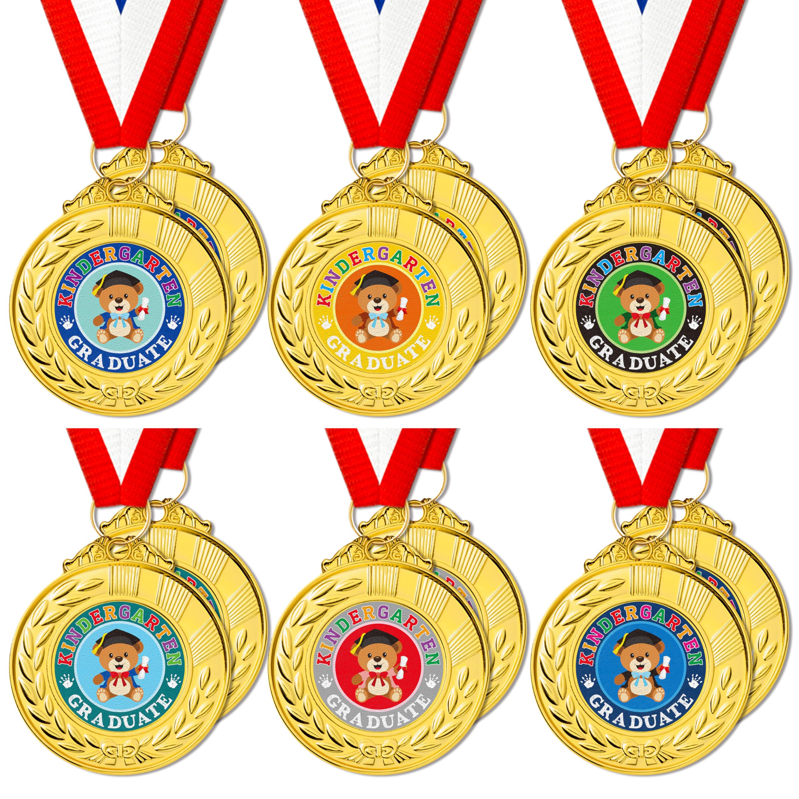 BeYumi Preschool Graduation Award Medals - 12Pcs Bear Kindergarten Graduation Award Medal for Kids with Neck Ribbon Cute Gold Medal for Class Student