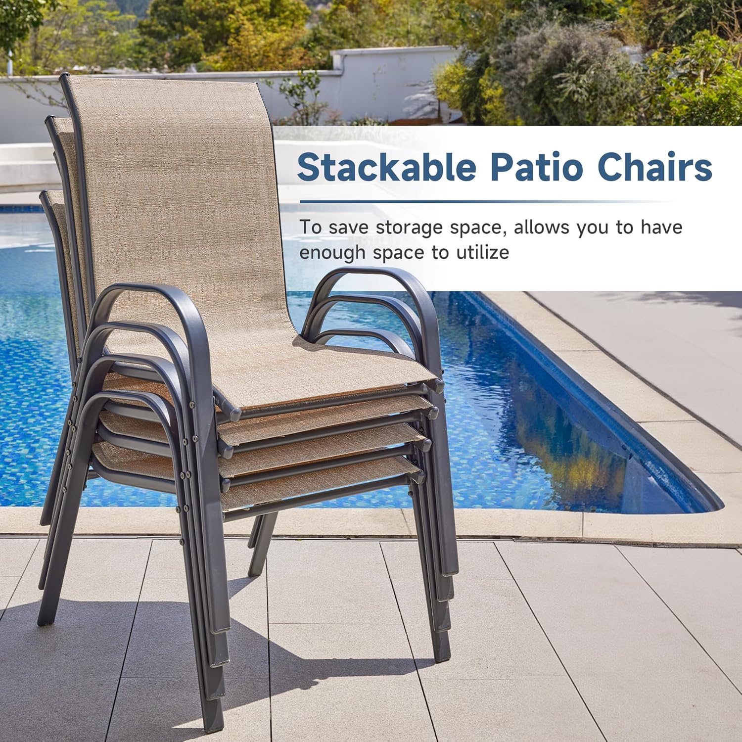 Amopatio Patio Chairs Set of 4, Outdoor Stackable Dining Chairs for All Weather, Breathable Garden Outdoor Furniture for Backyard Deck, Brown