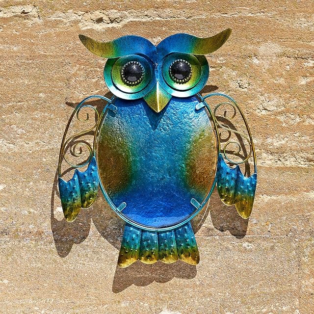 SA Products Garden Wall Art - Blue & Yellow Coloured Iron & Glass Owl - Hanging Bird Metal Wall Decor for Fence, Porch, Door, Window - Indoor & Outdoor Decorations & Accessories