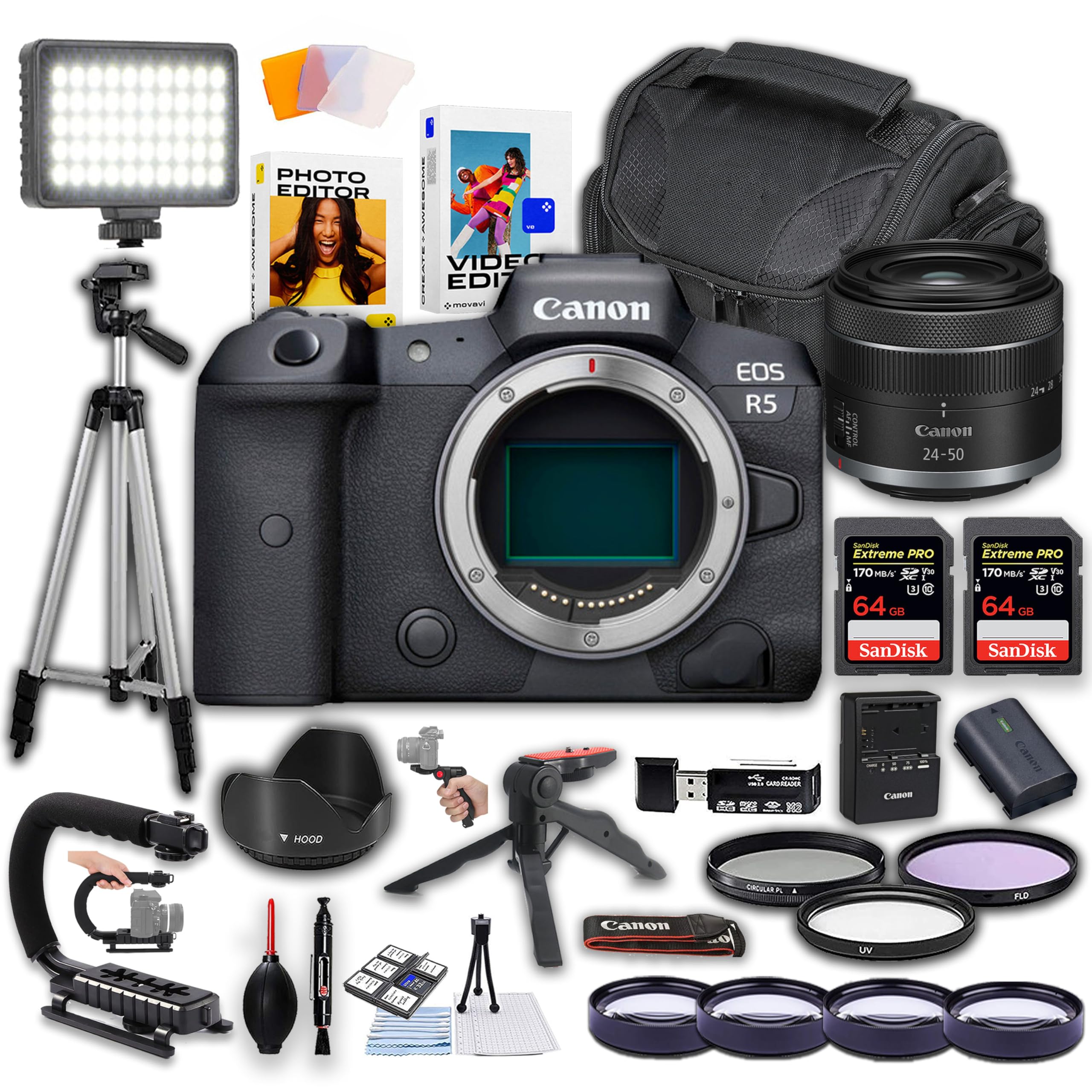 Canon EOS R5 Mirrorless Camera w/Canon RF 24-50mm f/4.5-6.3 IS STM Lens + LED Video Light + 128GB Extreme Memory + U-Grip + Tripod + Filters & More (Renewed)