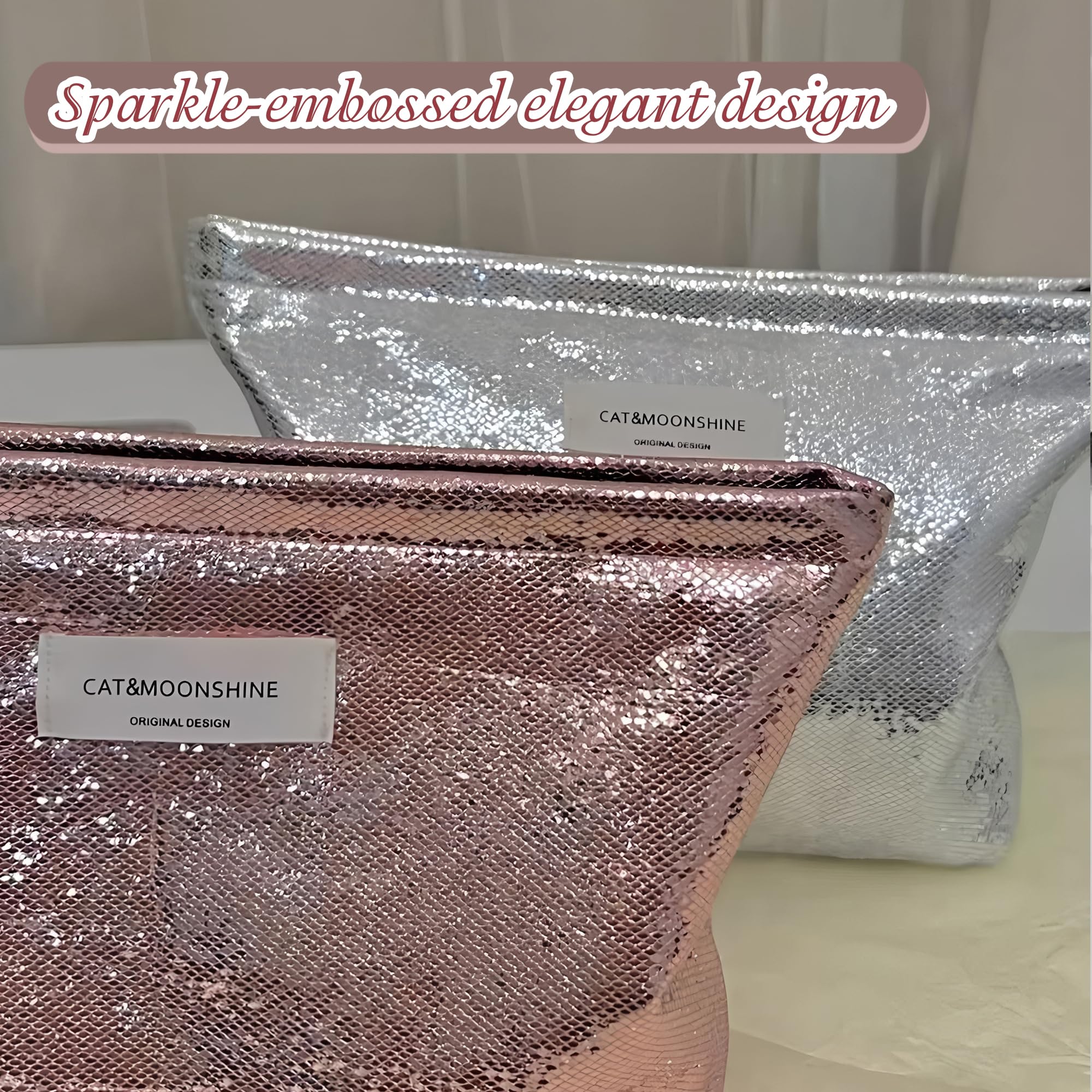 NICECONE Shiny Glitter Makeup Bag, Sparkly Bling Double Layer Cosmetic Bag with Zipper - Image 4