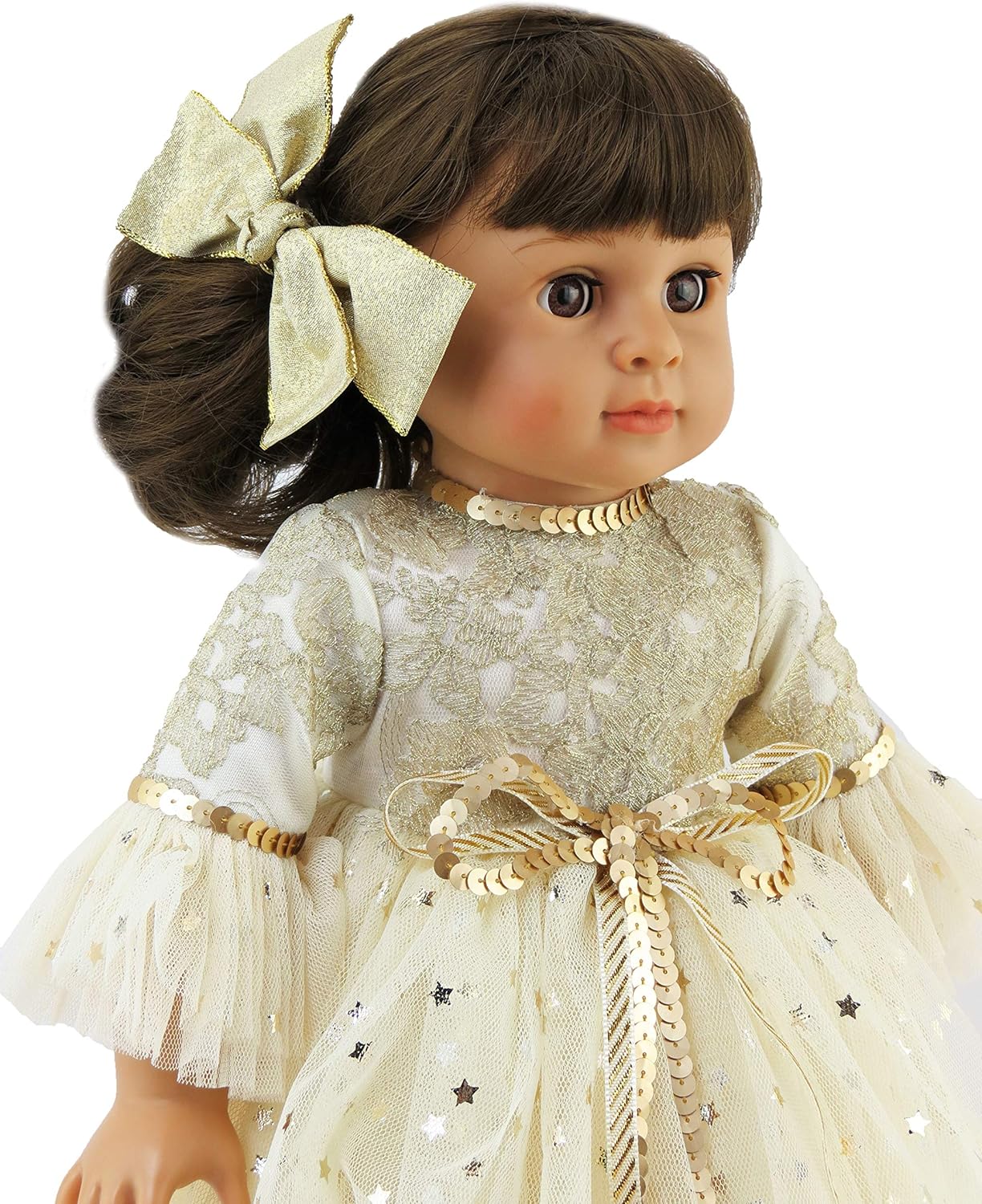 American Fashion World Gold Star Ball Gown Set for 18-Inch Dolls |Hairbow Included | Premium Quality & Trendy Design | Dolls Clothes | Outfit Fashions for Dolls for Popular Brands