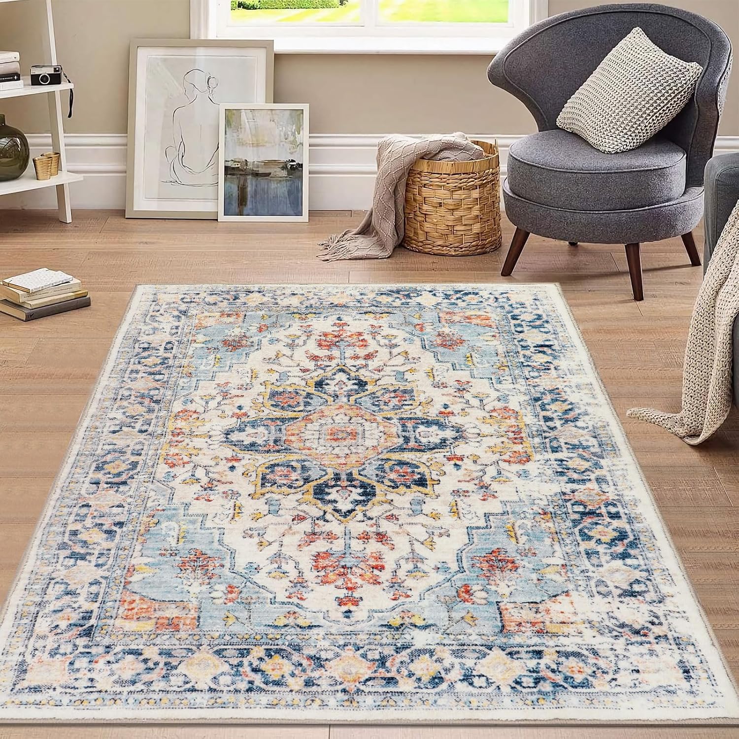 Homcomoda Small Area Rug 3x5 Non Skid Washable Rugs for Bedroom Kitchen Vintage Accent Throw Rugs