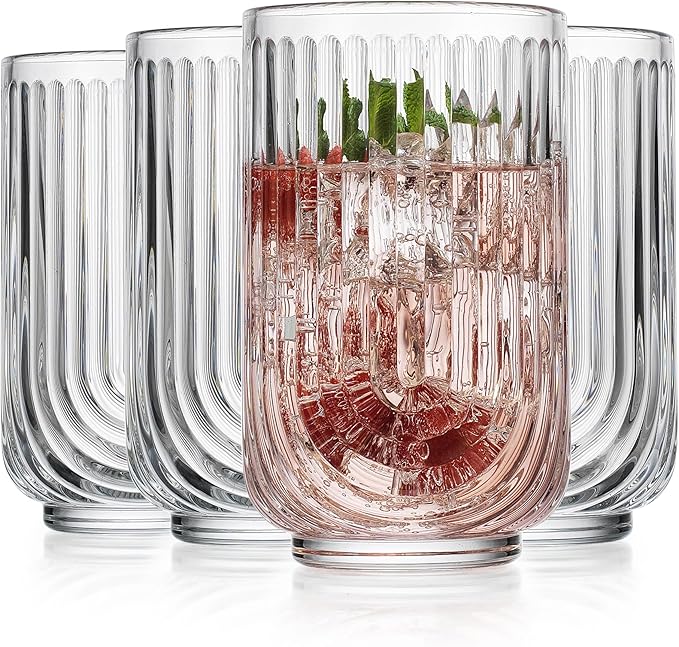 Glaver's Vintage Glassware Art Deco Glasse Ribbed Drinking Glasses U-Shape Arch Design (Clear S/4 17oz)