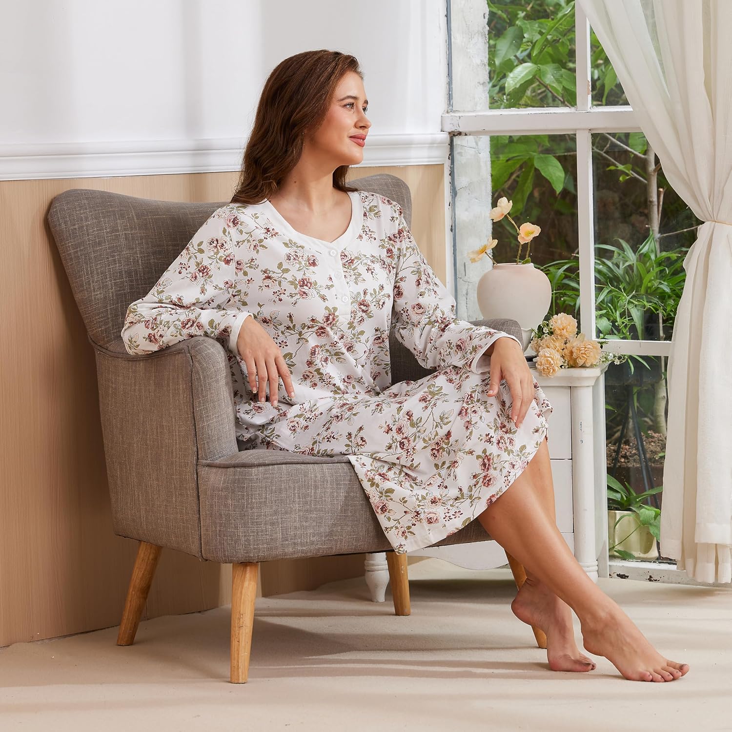 Keyocean Cotton Nightgowns for Women, Soft Comfy Long Sleeve Sleepwear House Dress for Sleeping Lounging - Image 7