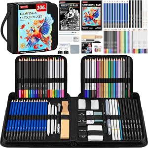 106 PCS Drawing Kit Sketching Pencils Set, Pro Drawing Pencils with 3-Color Sketchbook, Coloring Book, Colored Watercolor Graphite Charcoal & Metallic Pencils, Art Supplies for Beginners Professionals Hobbyists