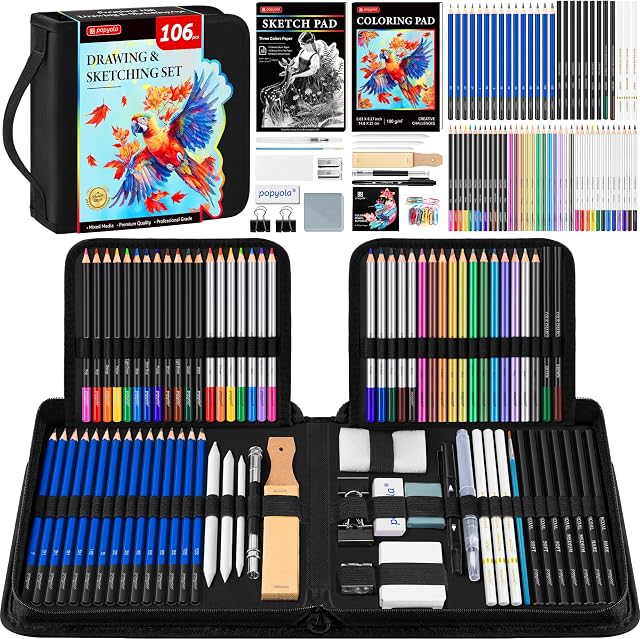 106 PCS Kit de dessin Crayons de croquis ensemble, Pro Dessin de crayons avec 3-Color Livre de croquis, livre de coloration, couleur aquarelle Graphite Charbon & Pencils métalliques, fournitures d'art pour les débutants professionnels Hobbyistes