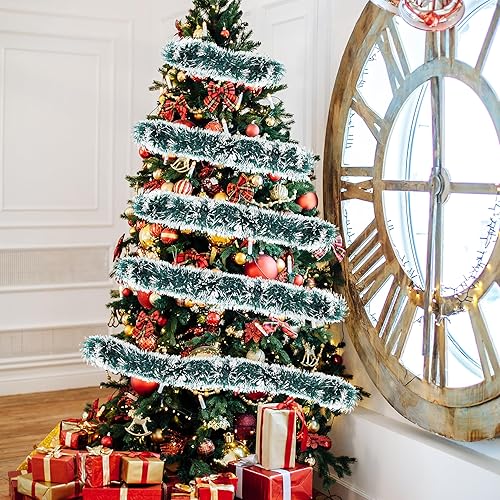 Miniatura 4 de Guirnalda de árbol de Navidad de 50 pies con puntas brillantes de escarcha, guirnalda de oropel metálica nevada, serpentinas brillantes para árbol