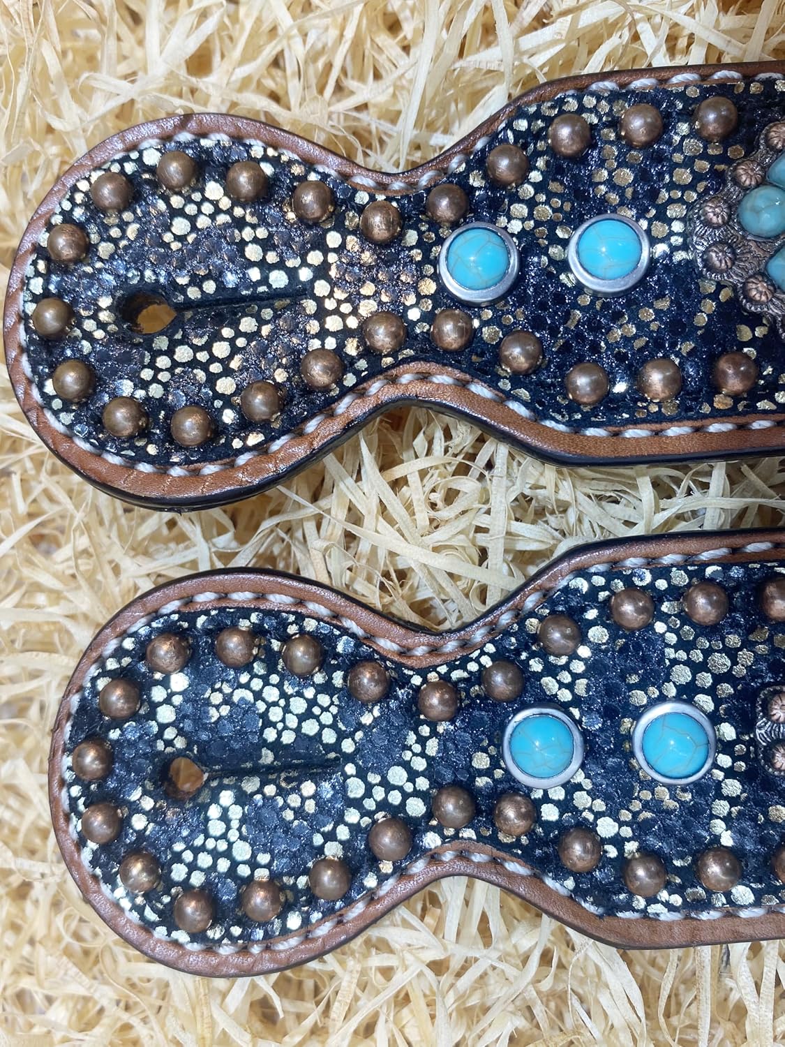 Western Women Spur Strap Set with Holographic Snake Look Leather & Turquoise Stones