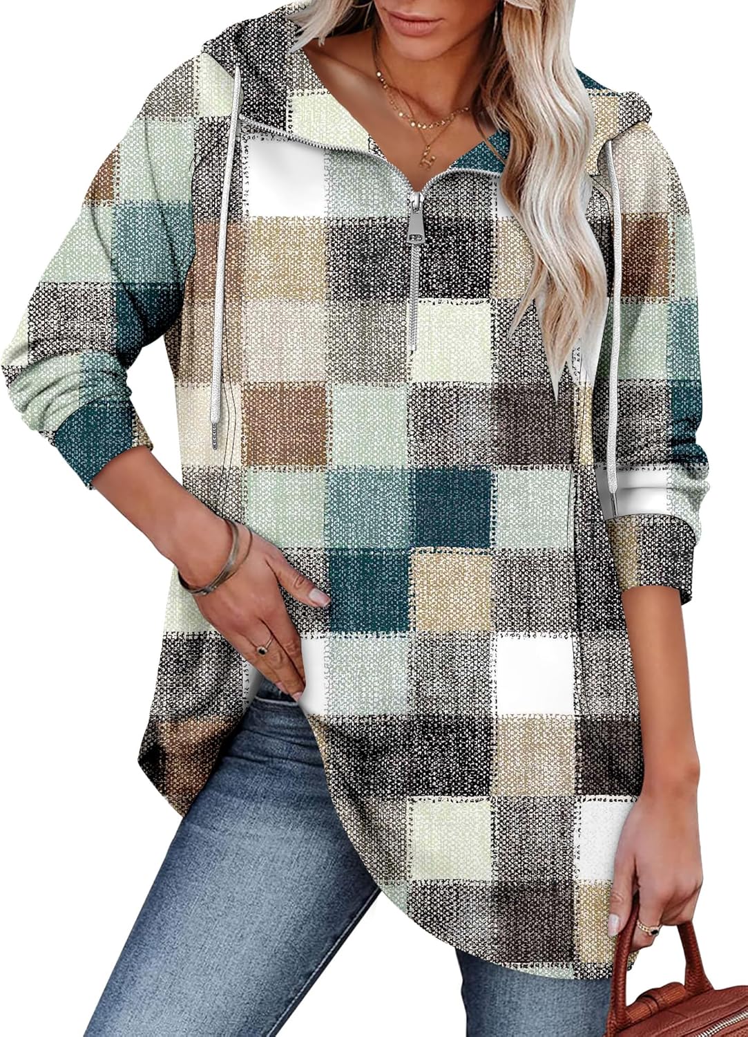 onlypuff Women Hoodie Pullover Trendy Quarter Zipper Lapel Sweatshirts Drawstring Cute Hooded Tunic Tops with Side Pockets - Image 2