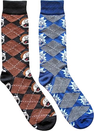 RICK AND MORTY Argyle Mens Crew Socks 2 Pair Pack Shoe Size 6-12