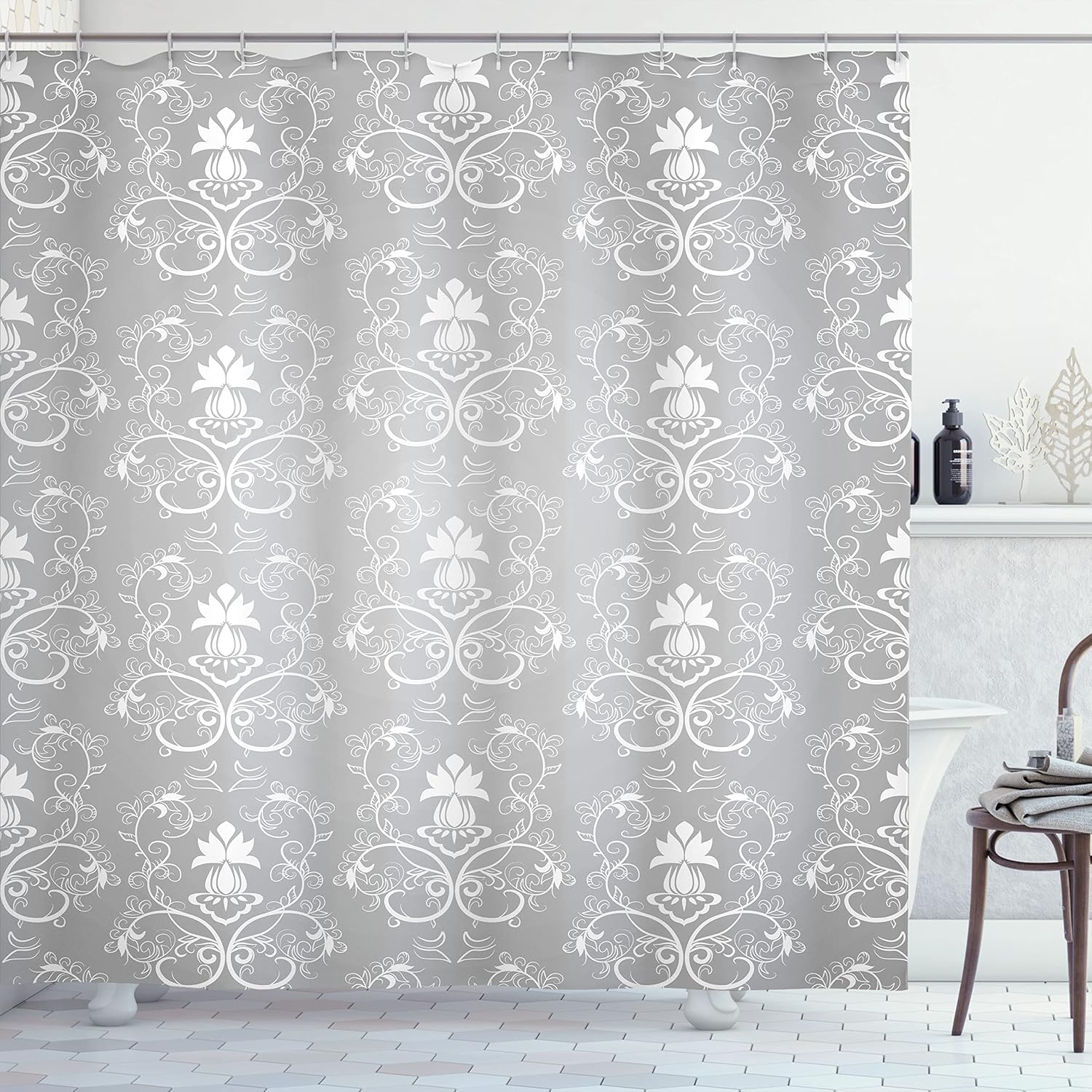 Ambesonne Damask Shower Curtain, Damask Style Antique Floral Motifs Pattern Royal Victorian Design Vintage Leaves, Cloth Fabric Bathroom Decor Set with Hooks, 69" W x 75" L, Gray White