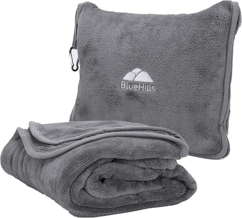 BlueHills Premium Soft Long Travel Blanket Pillow Airplane Large Size Gray | 70 X 48 Large Travel Blanket, Soft Bag Pillowcase, Hand Luggage Belt & Backpack Clip, Long Flight Essentials, Travel Gifts