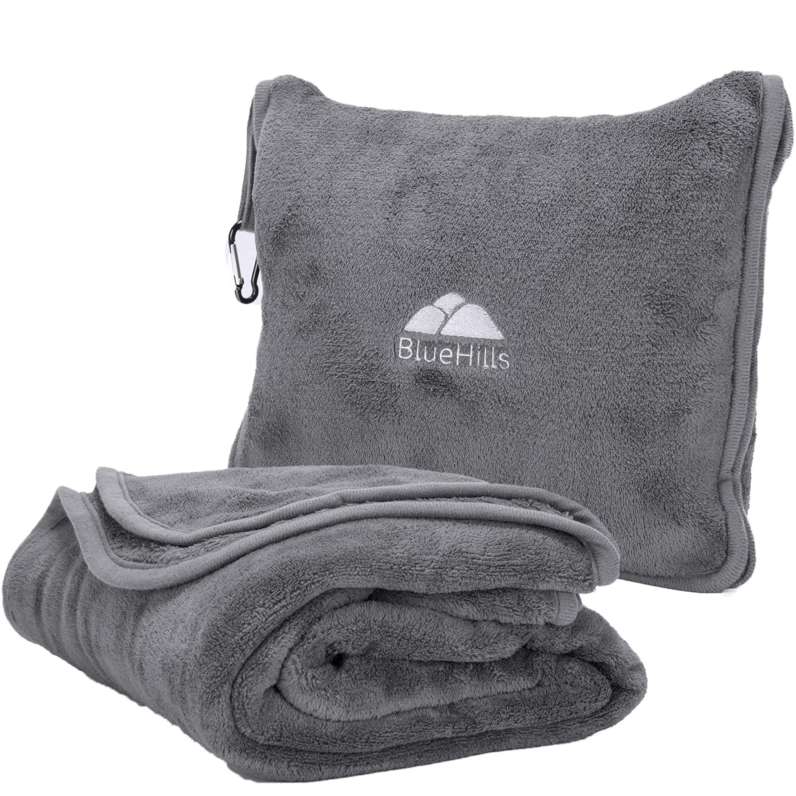 BlueHills Premium Soft Long Travel Blanket Pillow for Tall Airplane Flight Blanket Throw in Soft Bag case with Hand Luggage Belt & Backpack Clip Compact Pack Large Grey Gray T052