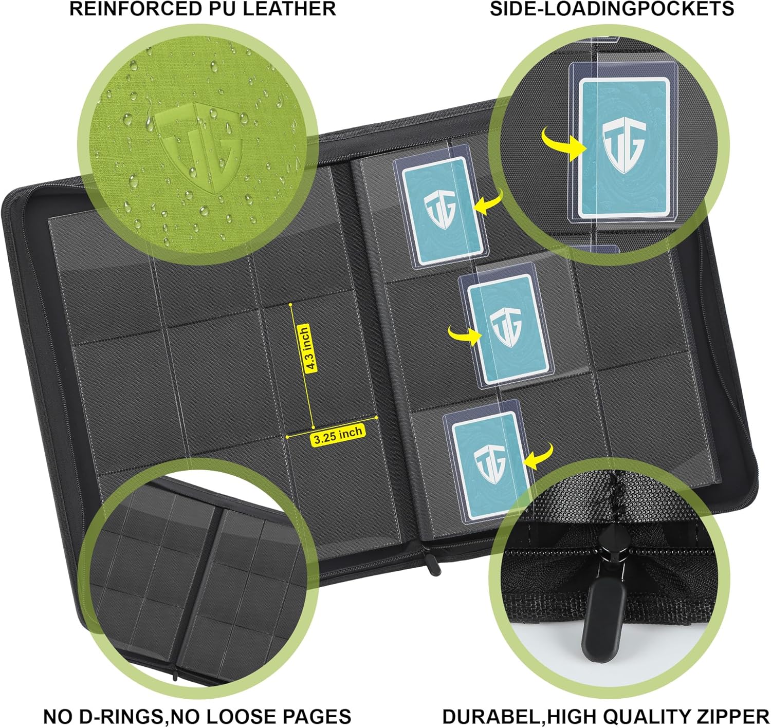 Toploader Binder,Holds 216 Toploaders,9 Pocket Top Loader Binder with Sleeves for 3"x4" Rigid Toploaders Hard Cases,Top loader Binders for TCG, MTG Card Binder, Trading Cards Binder (Green)