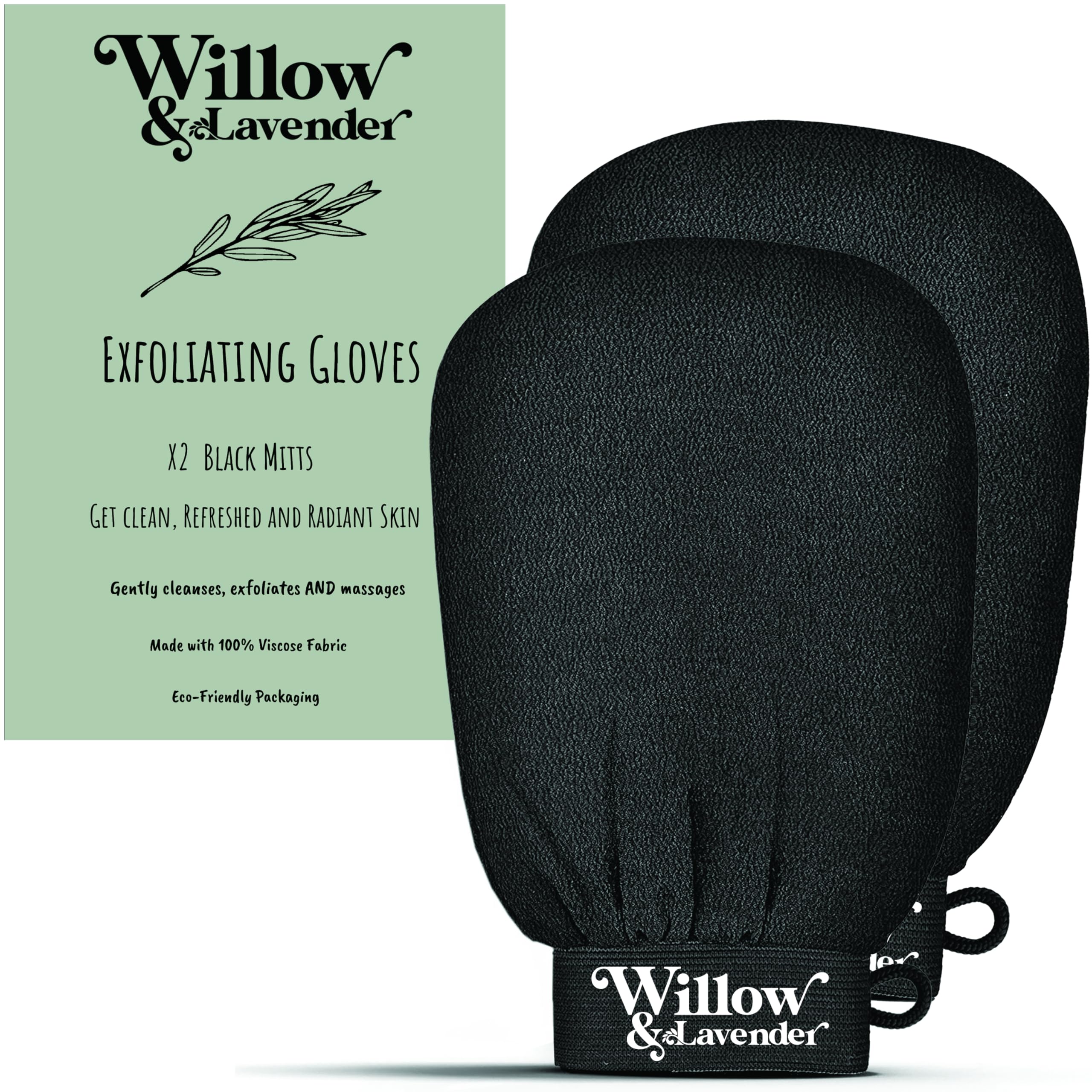 Willow & Lavender Exfoliating Mitts, Korean Skincare, Body Scrub Gloves, Dead Skin And Fake Tan Remover, Peel Mitt, Ingrown Hair Treatment, Gifts For Men And Women, Cheap Gifts (Black) Qty: X2