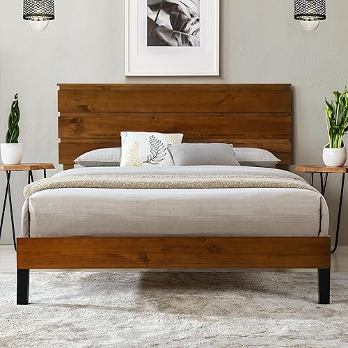 LUSPAZ Queen Size Platform Bed with Three-Piece Headboard Design, Mid-Century Modern Solid Pine Wood Bed Frame, No Box Spring Needed, Perfect for Apartments, Bedrooms, Guest Rooms, Brown