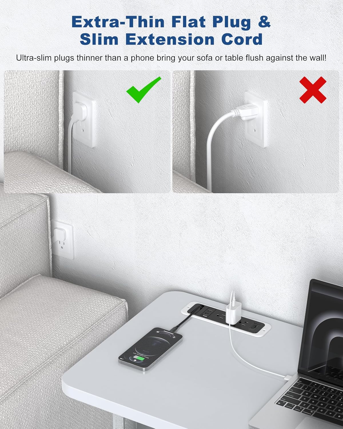 Recessed Power Strip with Retractable USB C Cable,2 PD 20W USB C,Flush Mount Countertop Drawer Outlet, Furniture Hidden Outlet for Side Table,End Table,3 Outlets (Black and White, 10FT-20W USB)
