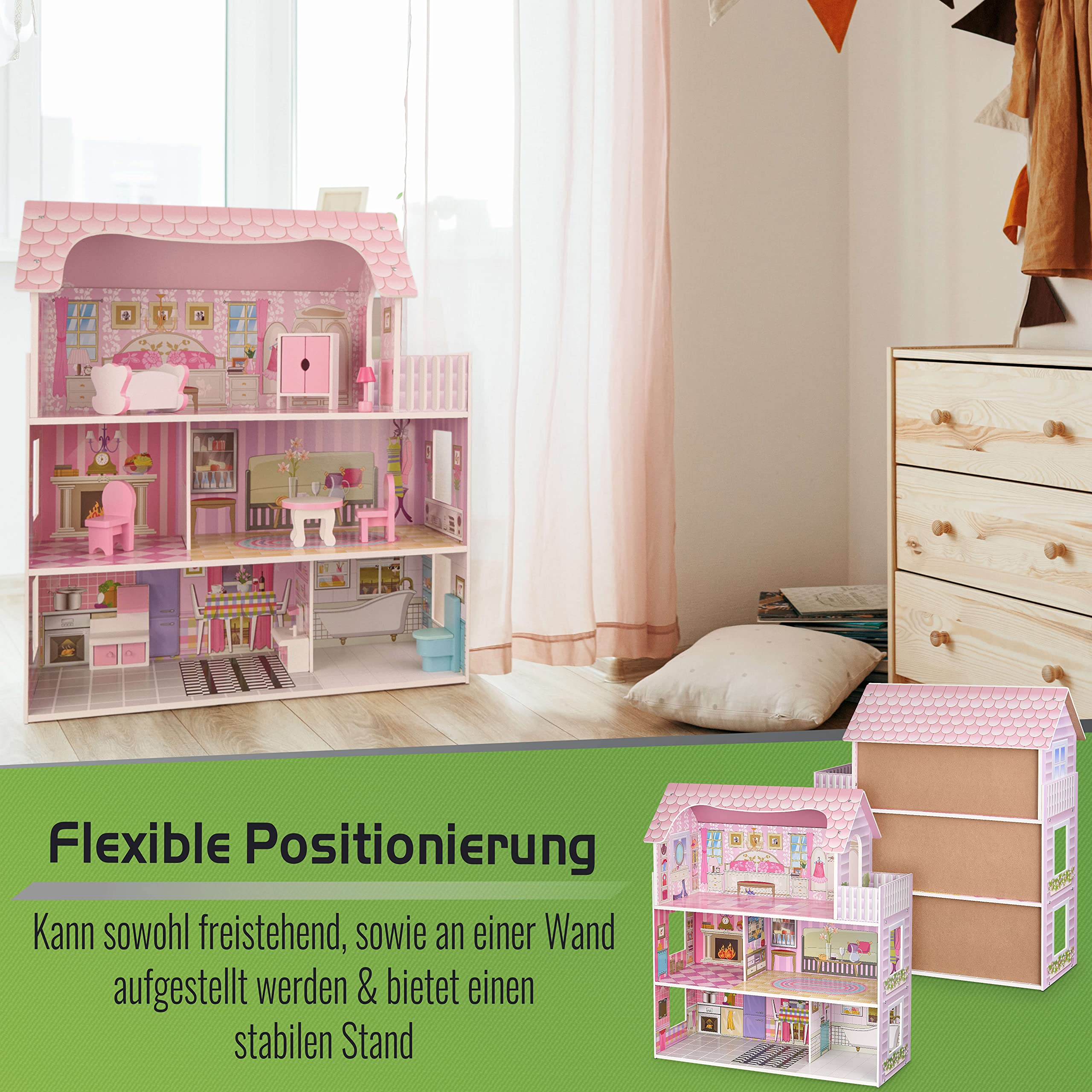 Balinco PUPPENHAUS Holz, 3 Plantas, 5 Habitaciones compuestas de salón & Dormitorio, balcón, Cocina, baño & Aseo. Incl. Muebles en Miniatura, Juguete de Madera a Partir de 3 años