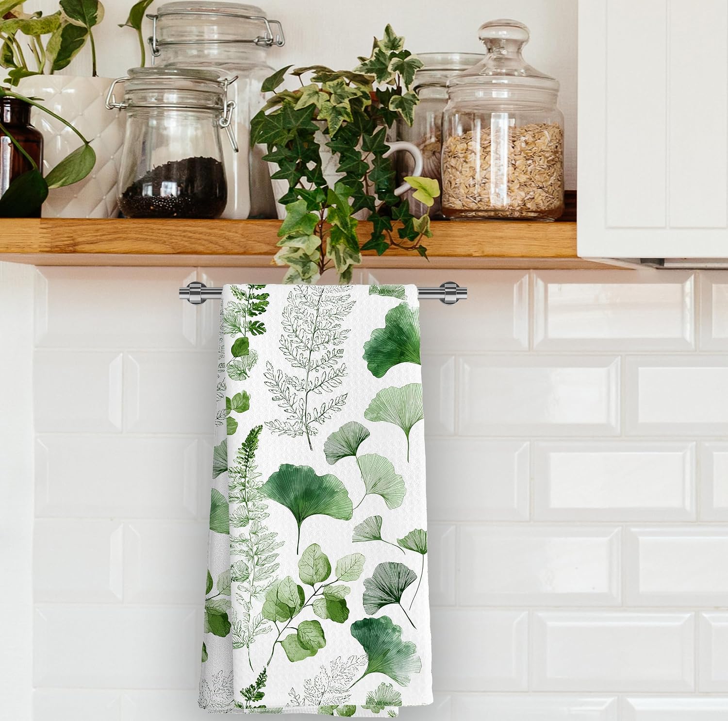 Green Plants Kitchen Towels - Vibrant Green Ginkgo & Fern Leaf Dish Towels, Super Absorbent & Quick Dry Tea Towels for Spring Home Decor, 16 x 24 Inches image 3