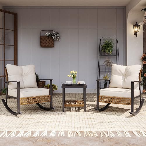 LAUSAINTHOME 3-Piece Rocking Bistro Set with 2-Tier Coffee Table, Outdoor Wicker Patio Chairs with Thick Cushions for Garden & Balcony LAUSAINTHOME 3-Piece Rocking Bistro Set with 2-Tier Coffee Table, Outdoor Wicker Patio Chairs with Thick Cushions for Garden & Balcony