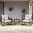 Tangkula 3 Pieces PE Wicker Patio Bistro Set, Outdoor Acacia Wood Conversation Set with Cushions and 2-Tier Coffee Table, Outdoor Patio Porch Furniture Set (Natural)