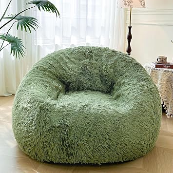 XeGe 5FT Giant Fluffy Bean Bag Chair CoverNo Filler, Ultra Soft Moss Faux Fur Stuffed Animal Storage Bean Bag for Plush Toys, Plush Shaggy XL Large Lazy Sofa Beanbag for Adults Kids, Sage Green