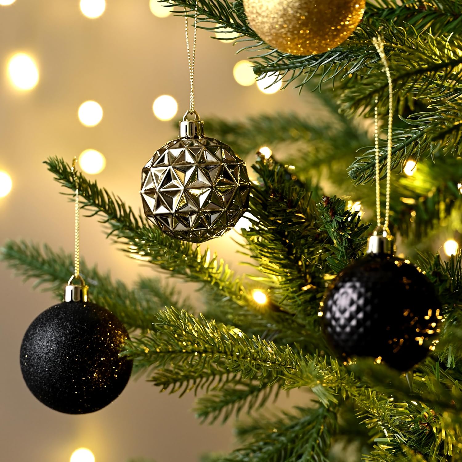 valery madelyn christmas tree decorations ornament set, 50ct 2 inches black and gold shatterproof christmas ball ornaments hanging xmas holiday party decor black gold medium