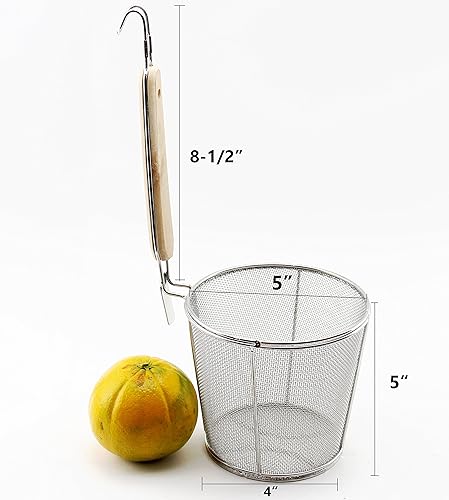 Miniatura 2 de Cesta grande de acero inoxidable, mango de madera para resistencia al calor, malla fina de 5 x 5 pulgadas, fideos de pasta Udon Ramen, enjuague