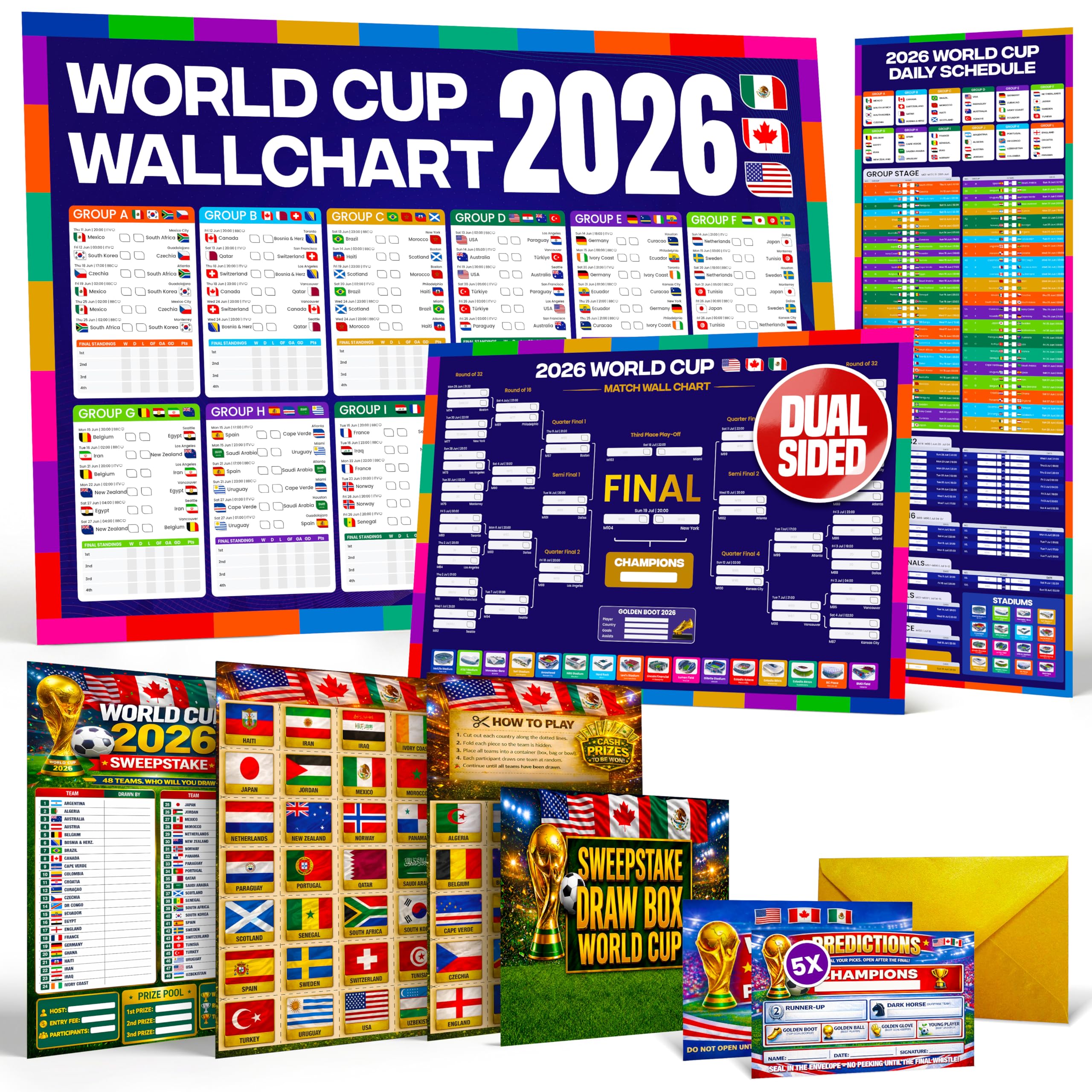 2026 World Cup Tournament Essentials Kit (England Edition) – A1 Football Wall Planner, Daily Match Schedule, 48 Team Sweepstake Kit, Predictions Game Cards & Results Tracker