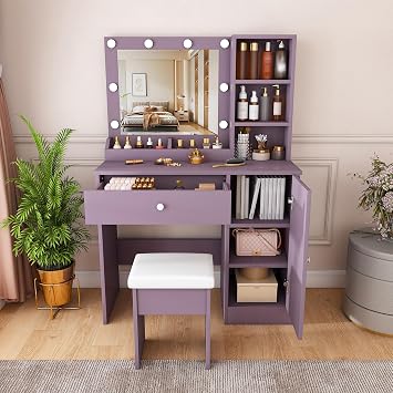Vanity Desk with Bulb Lighted Mirror - 35.4" Violet Vanity Table with Padded Stool & Large Storage Space, Modern Makeup Desk Dressing Table for Home Apartment