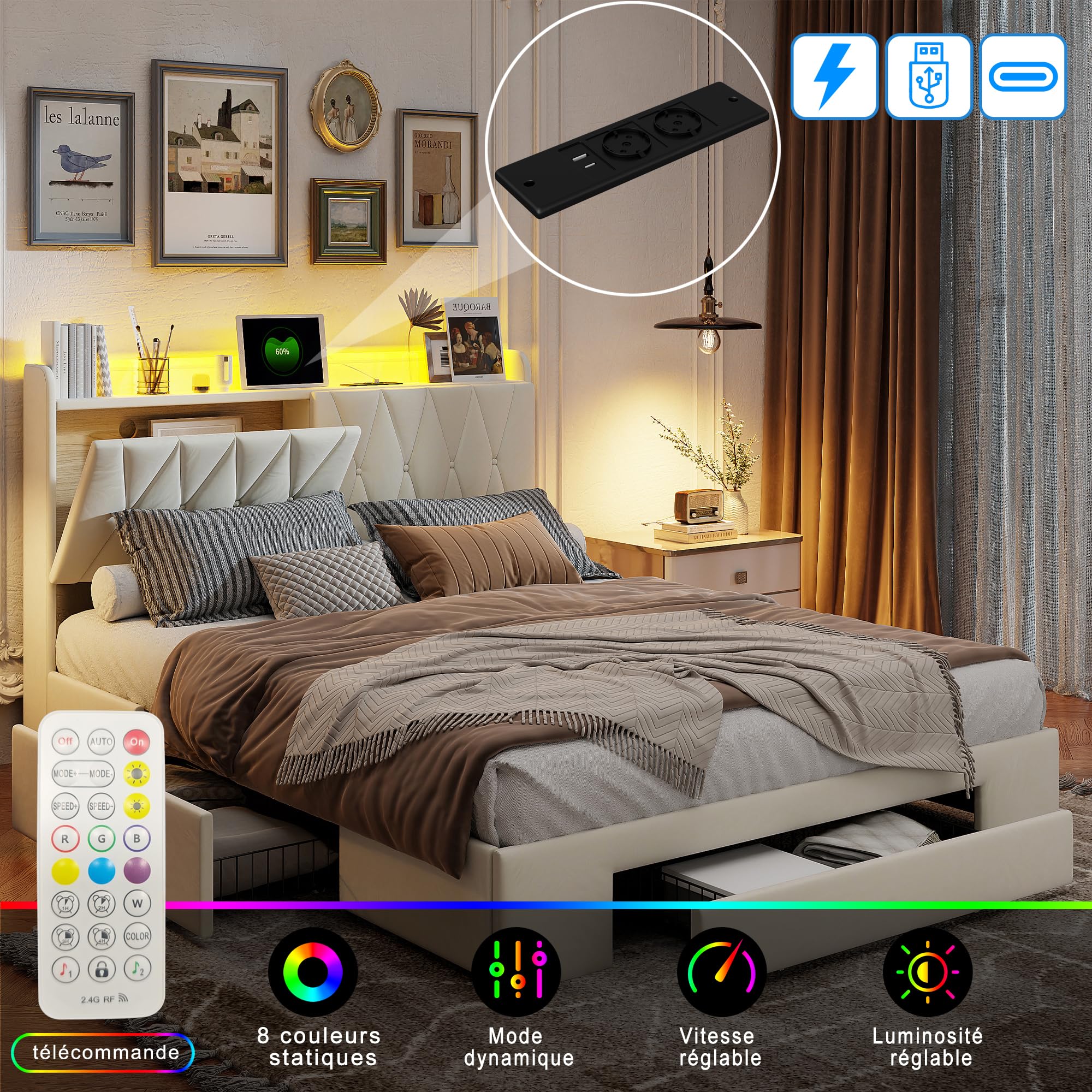 Sommier à Lattes De Lit Avec Matelas Et LED Blanc 140x190 Cm | Leroy Merlin