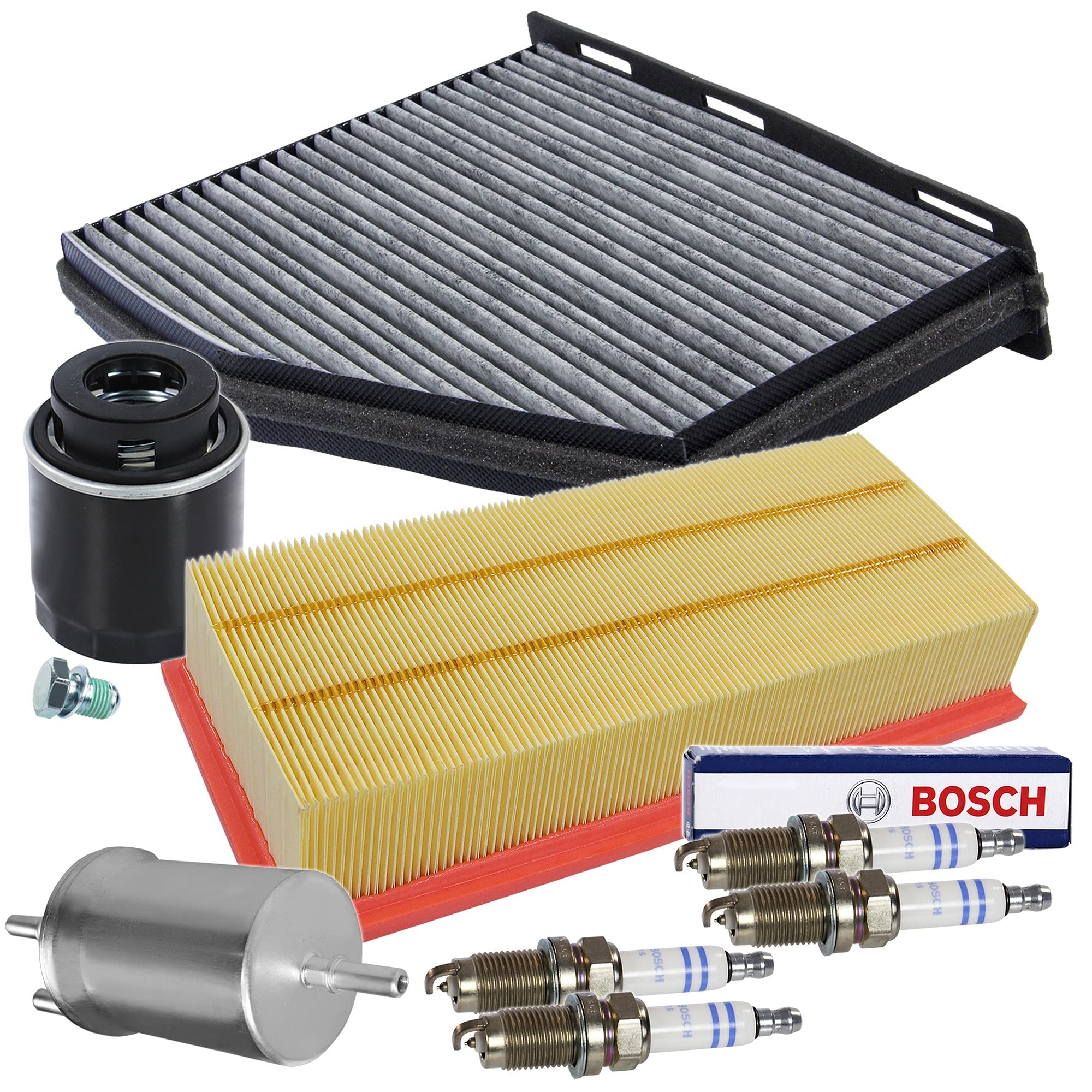 BESTPRICE Paquete de inspección conjunto de filtro con 1x filtro de aceite, 1x filtro de aire, 1x filtro de habitáculo con carbón activado, 1x filtro de combustible, 4x bujía de doble platino FR6HI332