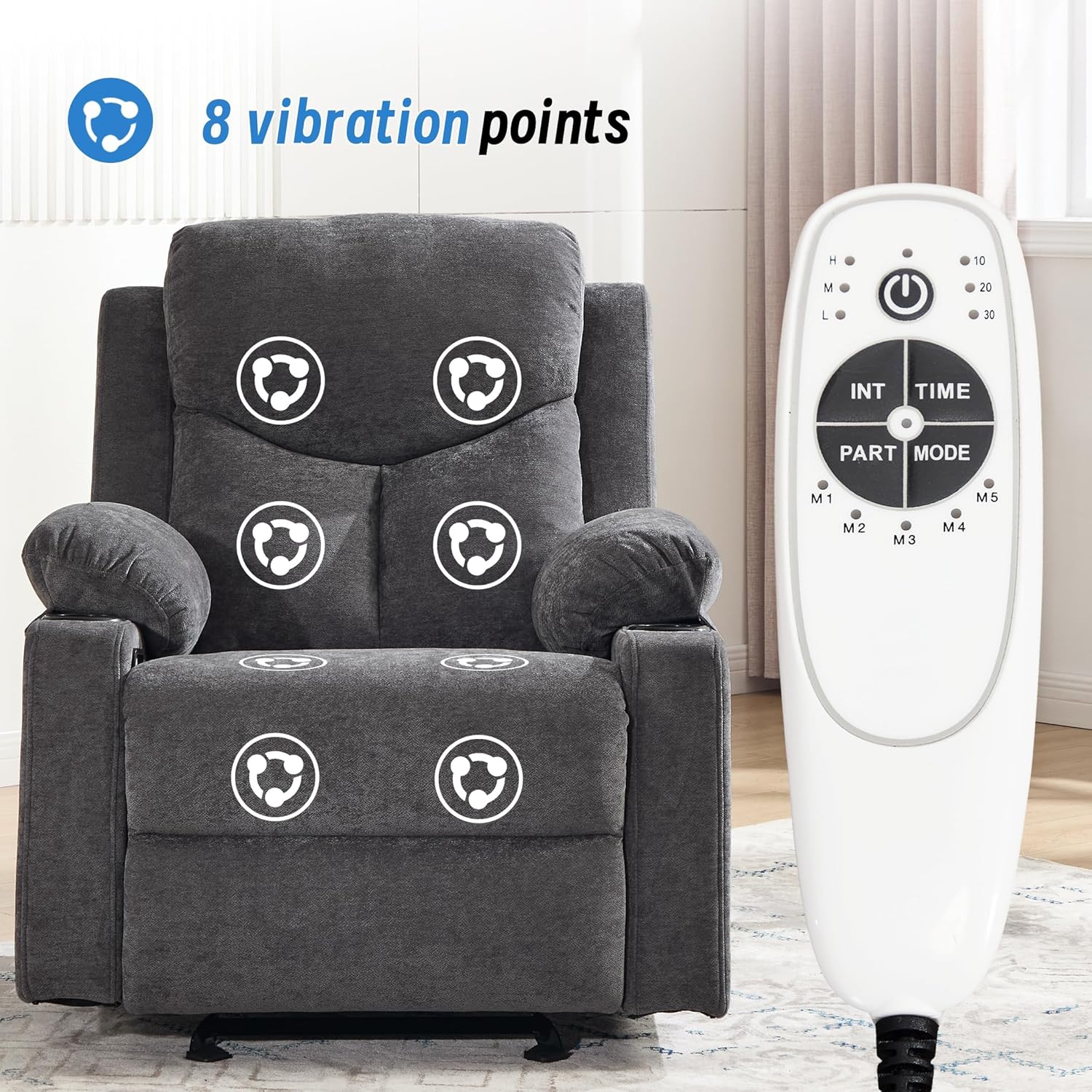 Manual Rocker Recliner Chair for Adults with Vibration Massage,Glider Rocking Recliner Chairs for Living Room Bedroom Overstuffed Reclining Sofa Chair with Pockets and Cup Holds (Dark Grey)