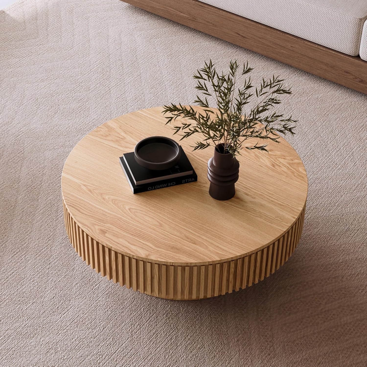 39.37'' Round Coffee Table with Storage, Solid Wood Veneered Modern Coffee Table Accent Tea Table for Living Room, Bedroom, Apartment or Office
