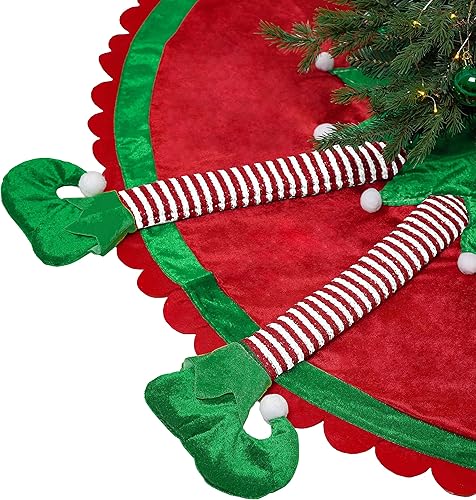 Valery Madelyn Falda de árbol de Navidad de elfo para decoración de árbol, falda de Navidad grande de 48 pulgadas con patas de elfo 3D y ribete