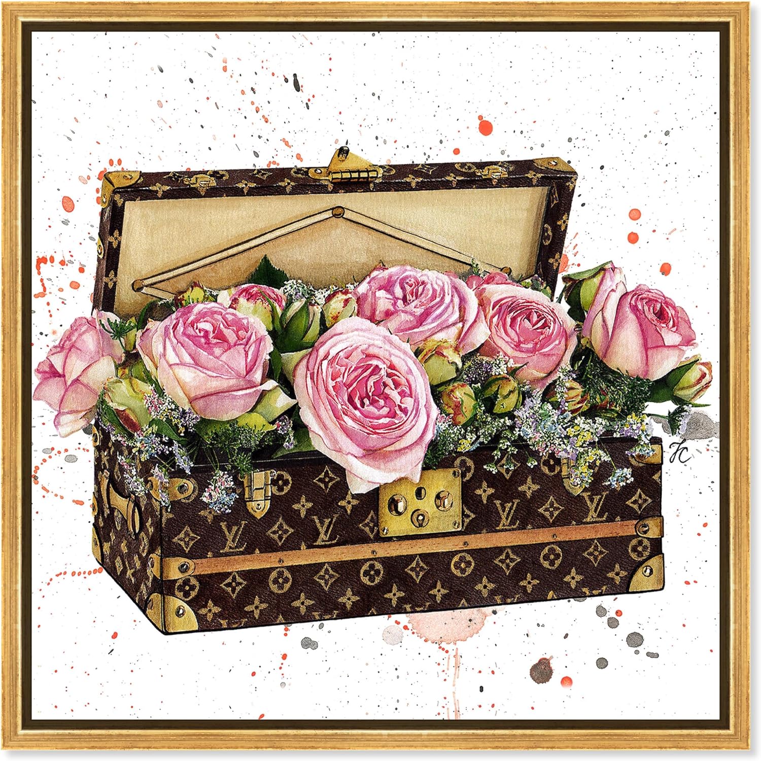 The Oliver Gal Artist Co. Fashion and Glam Wall Art Canvas Prints 'Doll Memories-Trunk Full of Flowers' Travel Essentials Home Décor, 12 in x 12 in, Pink, Brown