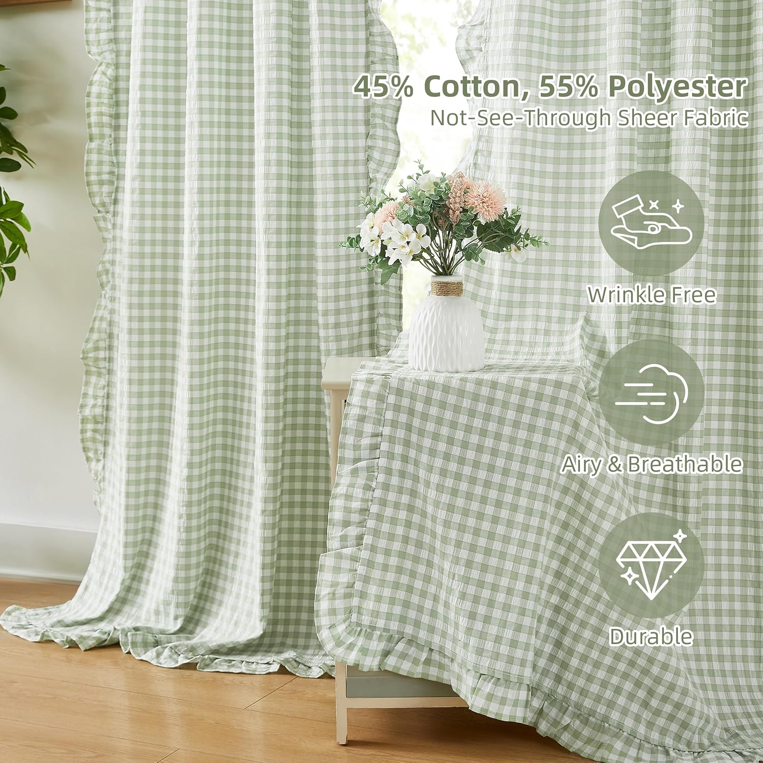 ZJDECOR 90 Inches Buffalo Plaid Curtain Panels for Kidsroom,Sage Green Farmhouse Not-See-Through Sheer Ruffle Drapes,Shabby Chic Window Treatment for Bedroom Living Room,Rod Pocket,40" Wx90 Lx2
