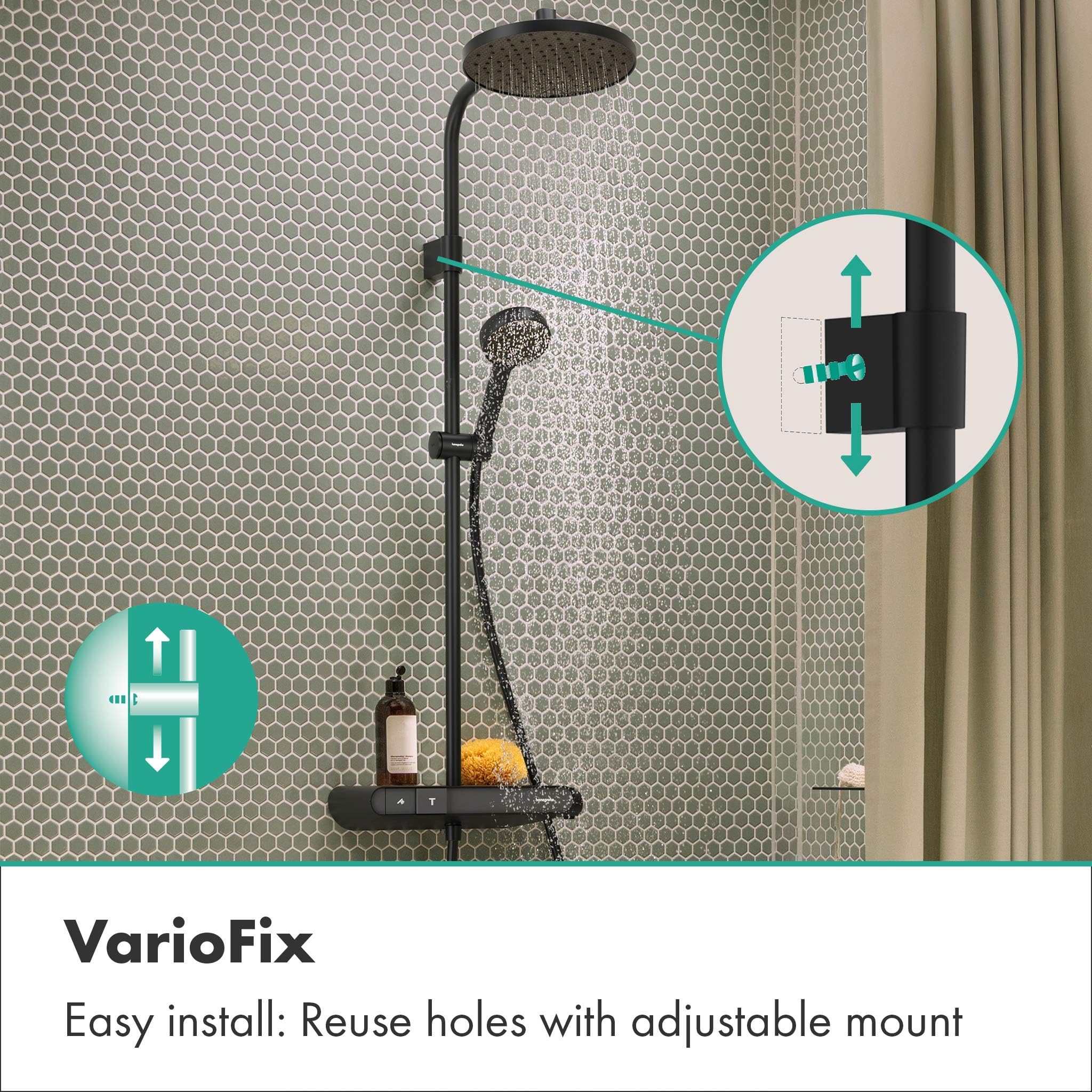 hansgrohe Activera S - sistema de ducha con termostato, max. 6 l/min (EcoSmart), ducha lluvia (240 mm) con grifo, ducha de mano (2 tipos de chorro), flexo, barra, ducha fija, negro mate, 28639670